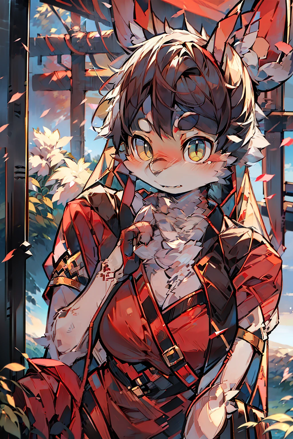Good hands, 4K, high resolution, masterpiece, top quality, head: 1.3, (Japan Idol), fine skin, sharp focus, (movie lighting), collarbone, morning, soft lighting, medium hair, dynamic angle, [: (Detailed face: 1.2): 0.3], side wrinkles, thigh gaps, red clothes, slender, outdoor