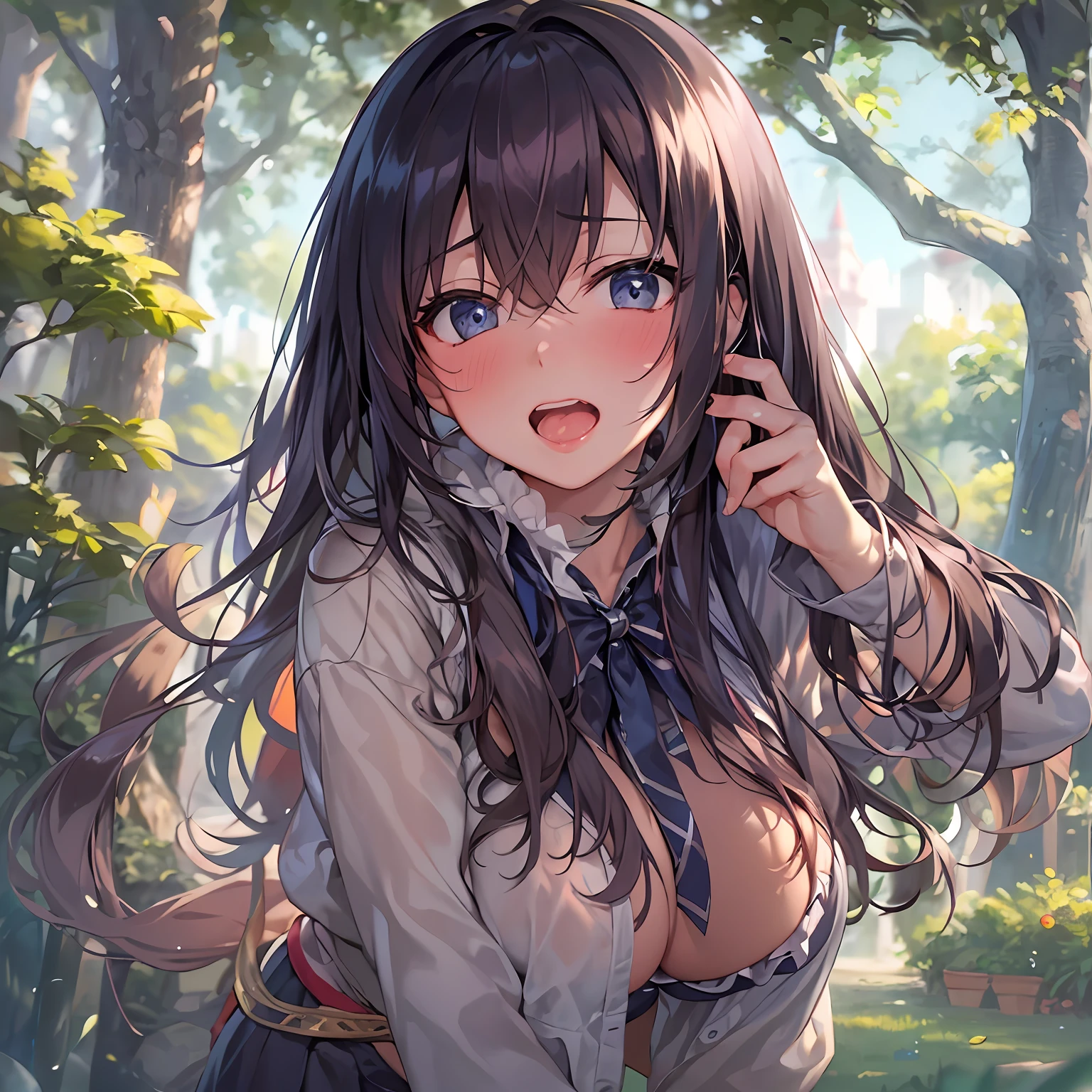top-quality、masterpiece、超A high resolution、(Photorealsitic:1.4)、One girl yawning in the park、Panting face、A dark-haired、Functional、Bewitching、Dramatic Lighting、full body Esbian、maikurobikini、huge-breasted、Getting from behind、a park、Pubic hair shows through、all-fours、blushed face、Functional、Nasty、the kiss