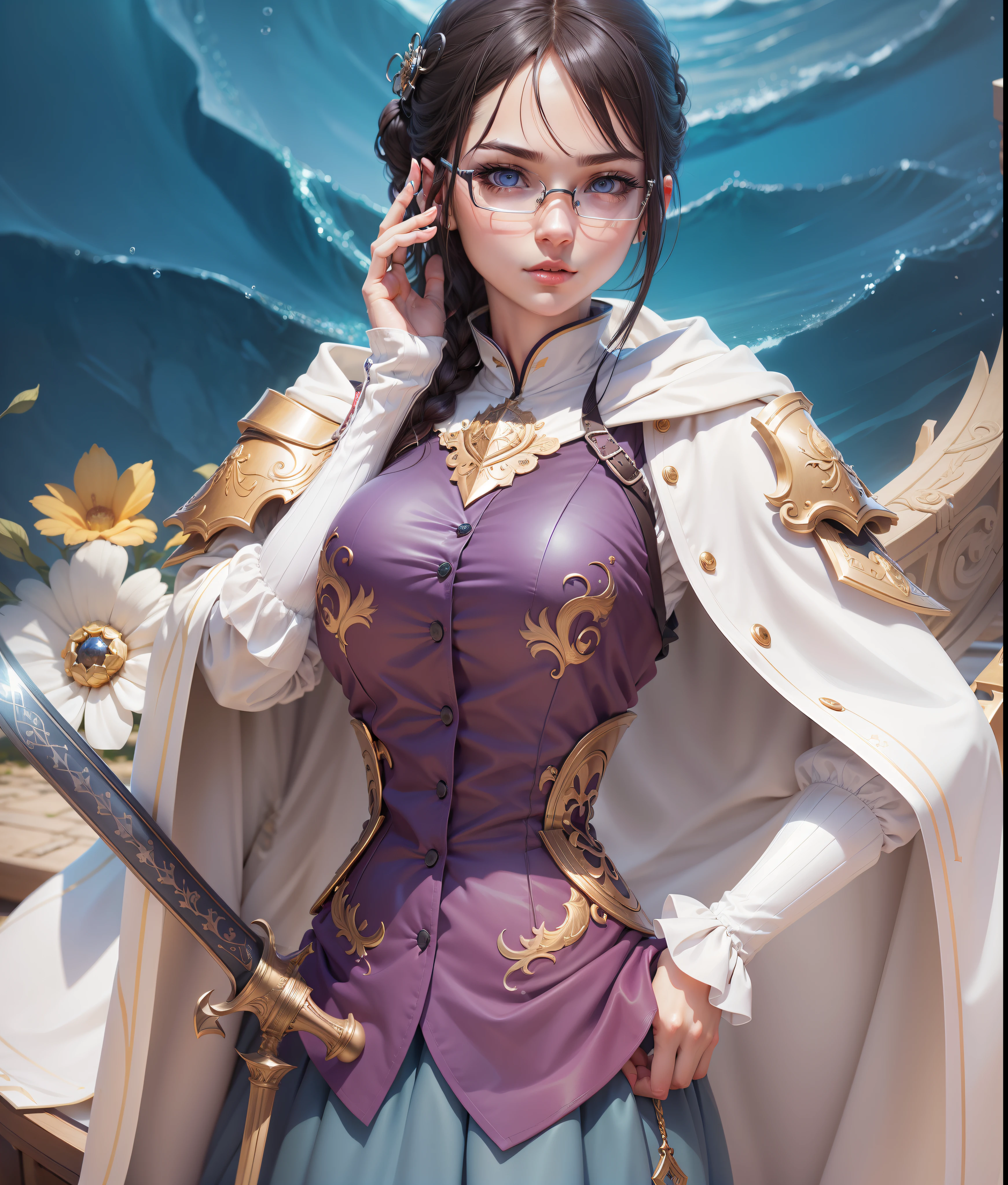 beautiful detailed girl, very detailed eyes and face, beautiful detailed eyes,have sword and eye glasse very detailed, ridiculous, incredibly ridiculous, huge file size, super detailed, high resolution, very detailed, best quality, masterpiece, illustration, very detailed, CG, unified, 8k wallpaper, amazing, Fine details, masterpiece, best quality, very detailed CG uniform 8k wallpaper, light on face, cinematic lighting, 1girl,