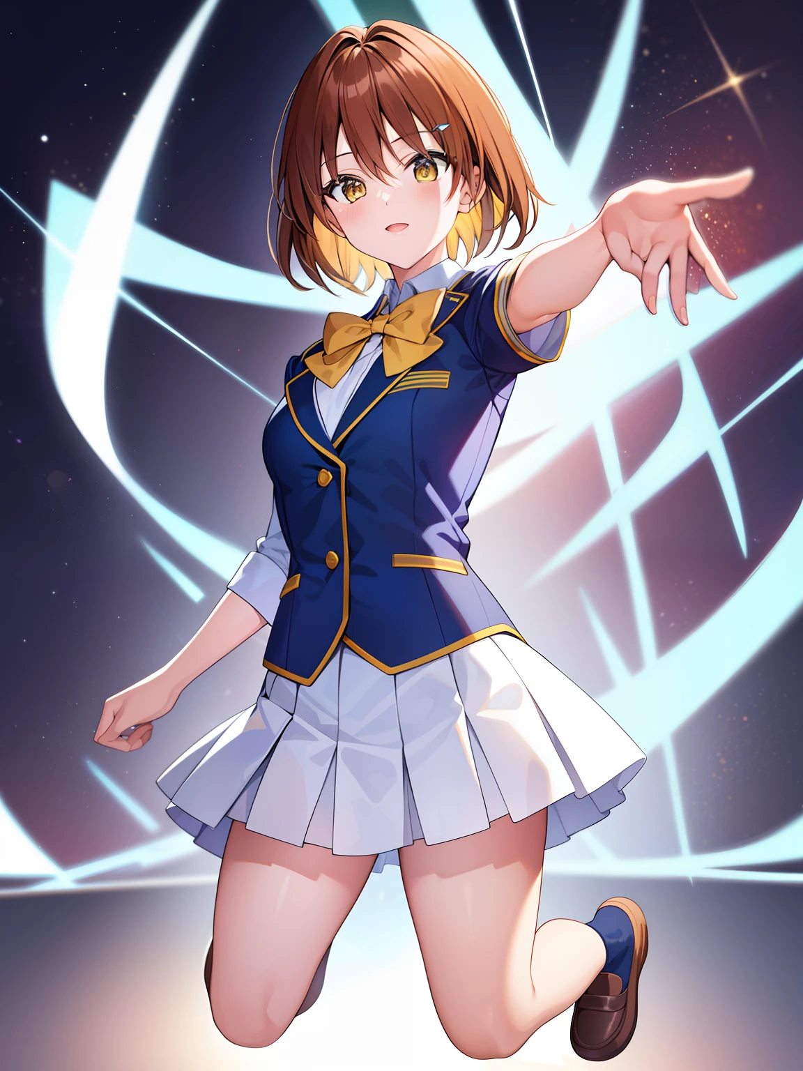 (hyper extreme detailed),(masterpeace),(hyper extreme),(photorealistic),CG,(colour:1.1), beautiful lighting,light from the front,solo,1girl,white background, full body, 
 yuusaki_riko,orenge hair,short hair,yellow eyes,school uniform,