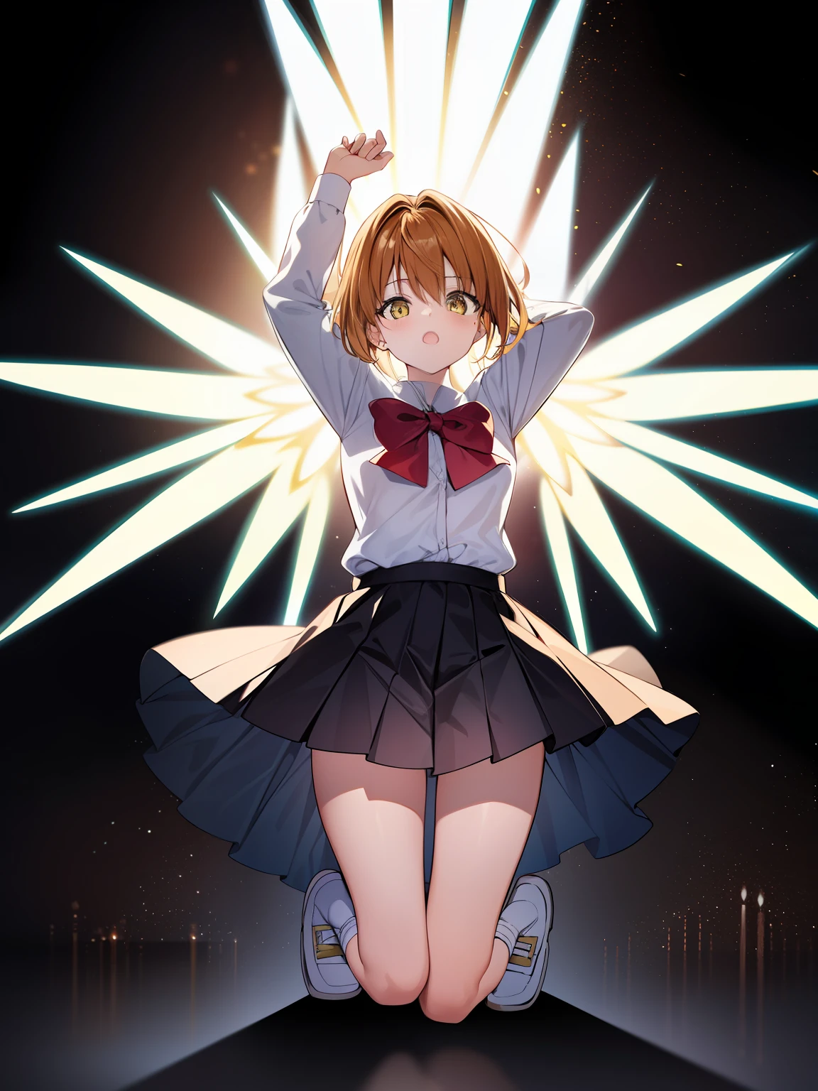 (hyper extreme detailed),(masterpeace),(hyper extreme),(photorealistic),CG,(colour:1.1), beautiful lighting,light from the front,solo,1girl,white background, full body, 
 yuusaki_riko,orenge hair,short hair,yellow eyes,school uniform,