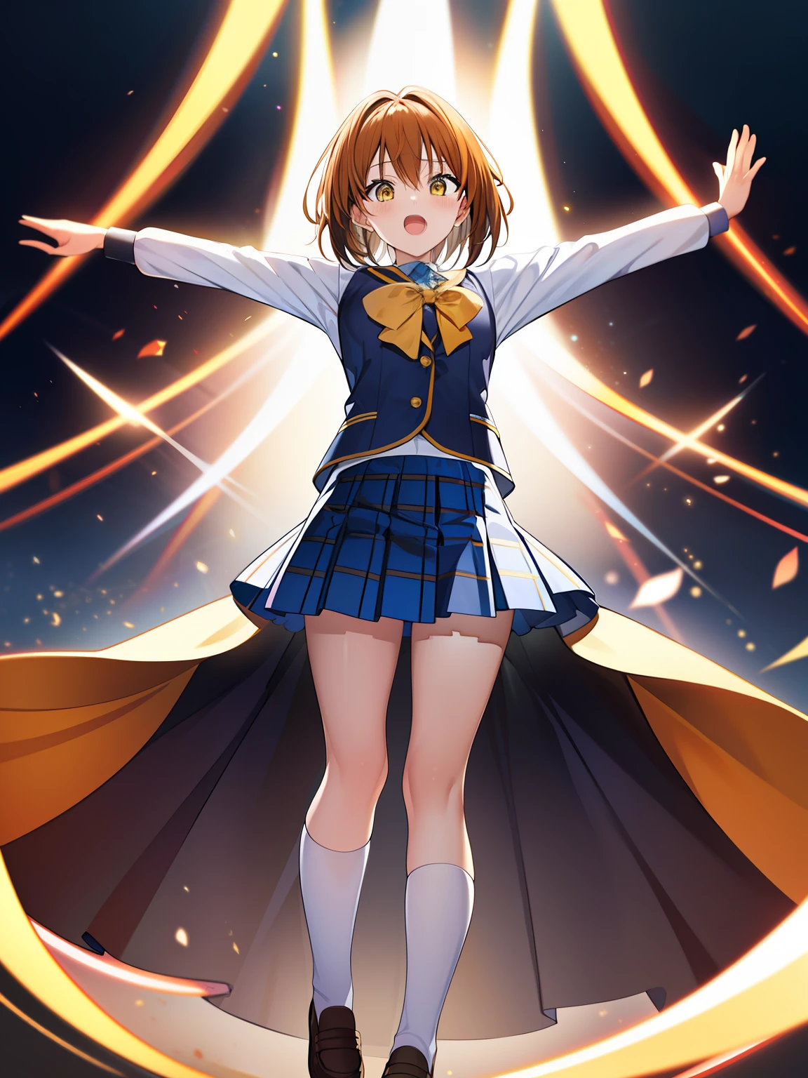 (hyper extreme detailed),(masterpeace),(hyper extreme),(photorealistic),CG,(colour:1.1), beautiful lighting,light from the front,solo,1girl,white background, full body, 
 yuusaki_riko,orenge hair,short hair,yellow eyes,school uniform,