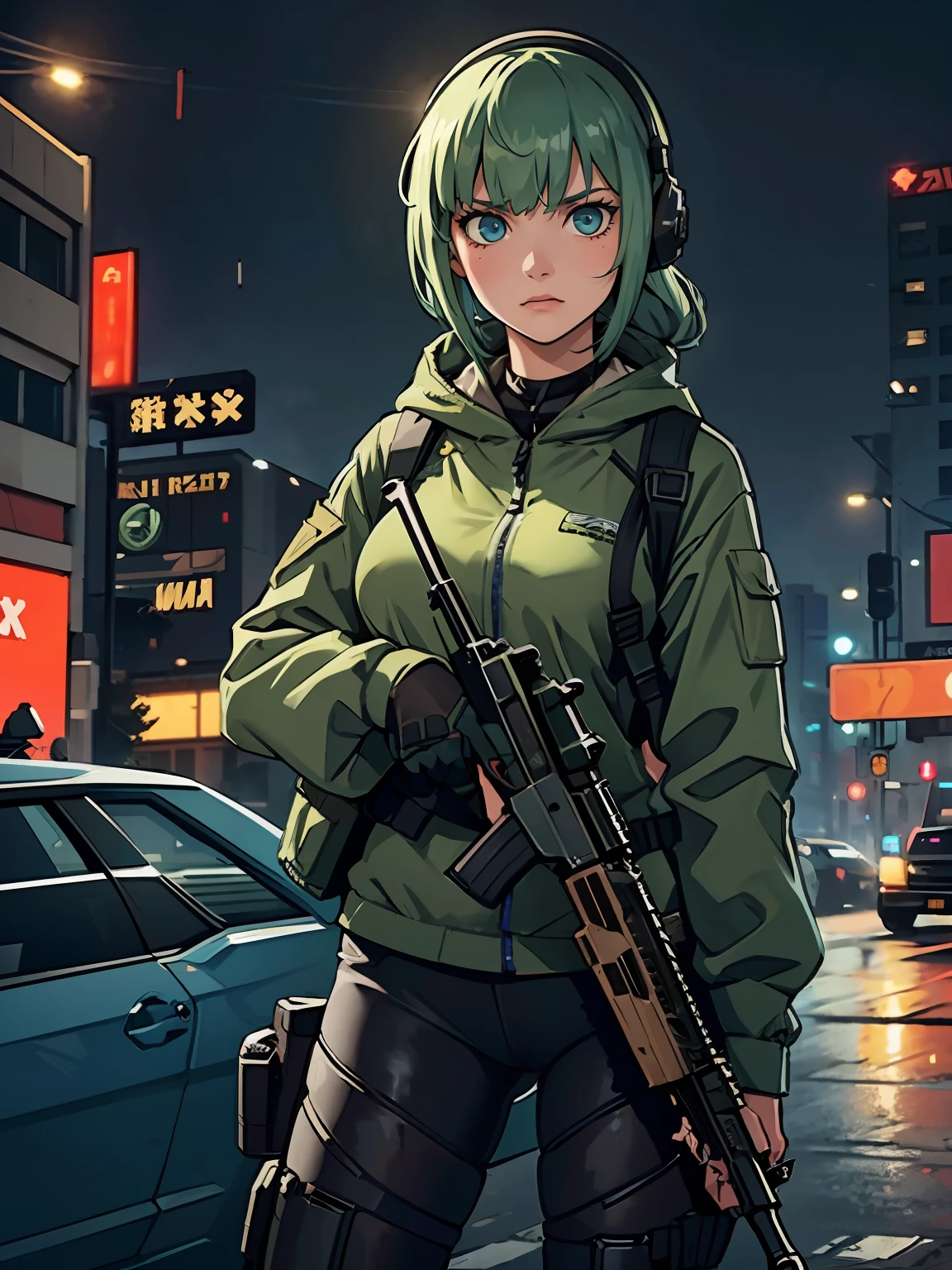 1girl, assassin, age 24, green hair, blue eyes, tall woman, holding and aiming and assault rifle with suppressor and scope, m16a2, tactical headset, rain, eastern european backdrop, night, dark brooding atmosphere, googles, bodysuit