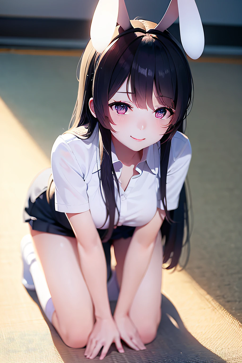white shirt, rabbit ears, all fours,mayijiang,light smile,mid_breats,best quality