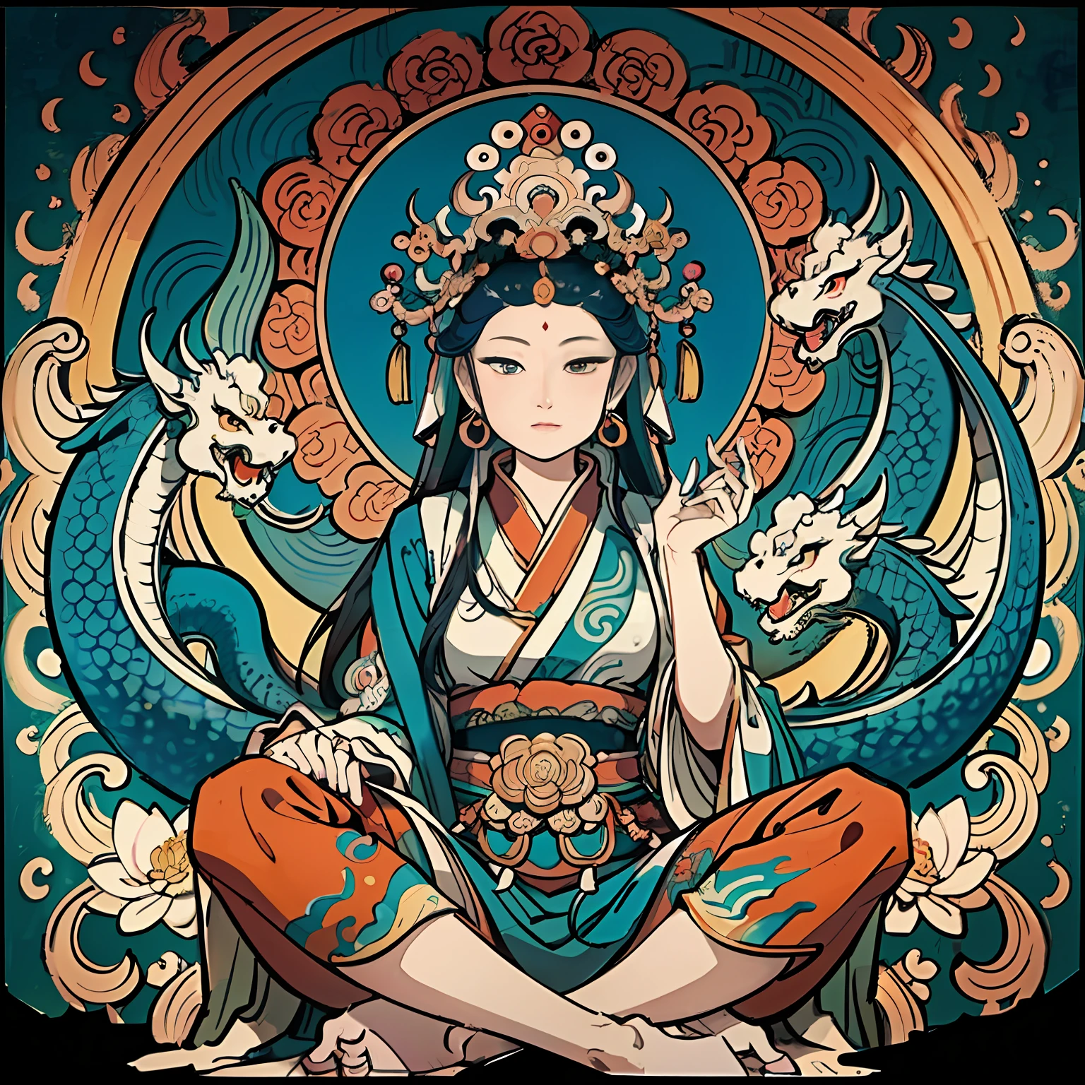 an ancient Chinese goddess, guanyin of the southern seas, Guanyin, Inspired by India, Avalokiteshvara rides a dragon,,Serene expression,shui mo hua,Buddha,Buddhist,Lotus,Chinese painting style,Thangka style