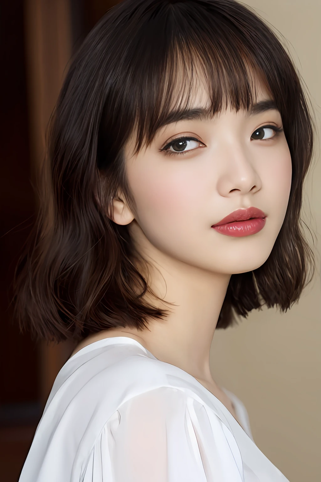 Elegant makeup, chiffon blouse, light hair color, elegant French bob