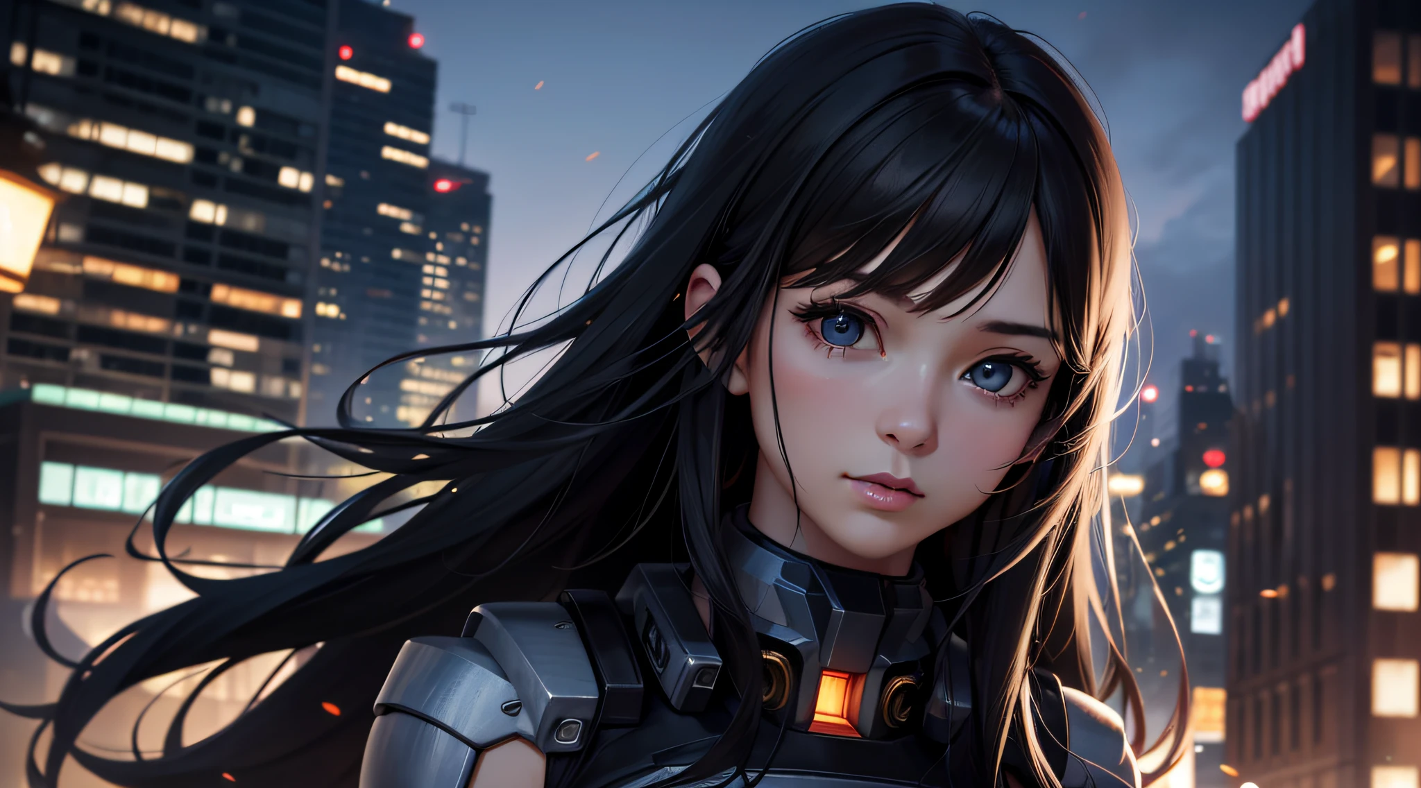 1girll,Masterpiece,Best quality,Ultra-high resolution,Realistic,(wearing a mecha:1.2),(Mechanical joint:1.2),realistic sense,(City:1.5),ultimate details,8K wallpaper,Professional lighting,perfect hand,Realistic hands,Solo,standing,(full bodyesbian:0.5),(Long black hair:1.1),Dynamic posture,Universe,Real,(Pretty face:1.1),(complete face:1.1),Mechanical costumes,Black clothing:1.1