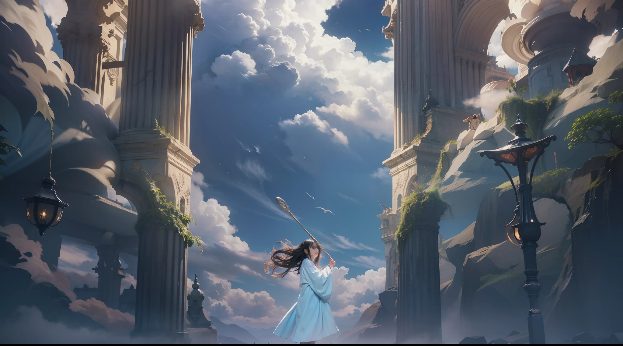 Above the rising clouds,Night, Dark, (Fantasy),infinite,deep blue sky,The abyss of knowledge,Cowledge,((masutepiece)), (((Best Quality))),((Beautiful fine eyes)),(Eye lashes)、Realistic clouds、Very beautiful face、The ultra -The high-definition、high fantasy castle、Beautiful girl with a huge golem、(女の子1人)、Black hair、The long-haired、abyss eyes、glowy skin、oils、small tits、Perfect human body structure、Wizard robes、der riese、tattered cloth、Realistic coat、Teenchi、Super delicate CG Unity 32k wallpaper、photoRealstic、masterpiece, ((ultra-detailliert)), ((illustratio)),colourfull,wall-paper,The energy,Unknown terror,Incomprehensible,Around the magic,Magical surroundings,magic wands,Boken,Flying pages,Know everything,Predict the future、Get to know the past、Infinite wisdom、blue flames、Warlock、magic circles、Pentagram、Spells、mantra、Singing magic