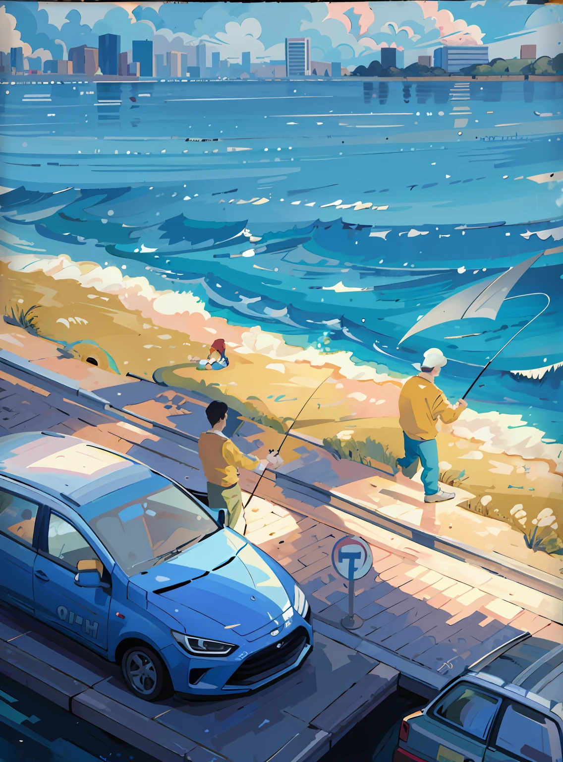 (8K, Best quality, Masterpiece:1.2), (Flat cartoon style,illustratio) A man stands in the water on the shore with a fishing rod,There are cars parked on the side of the road,In the distance are the buildings of the city,rich picture detail,Very accurate illustration style,Clean colors