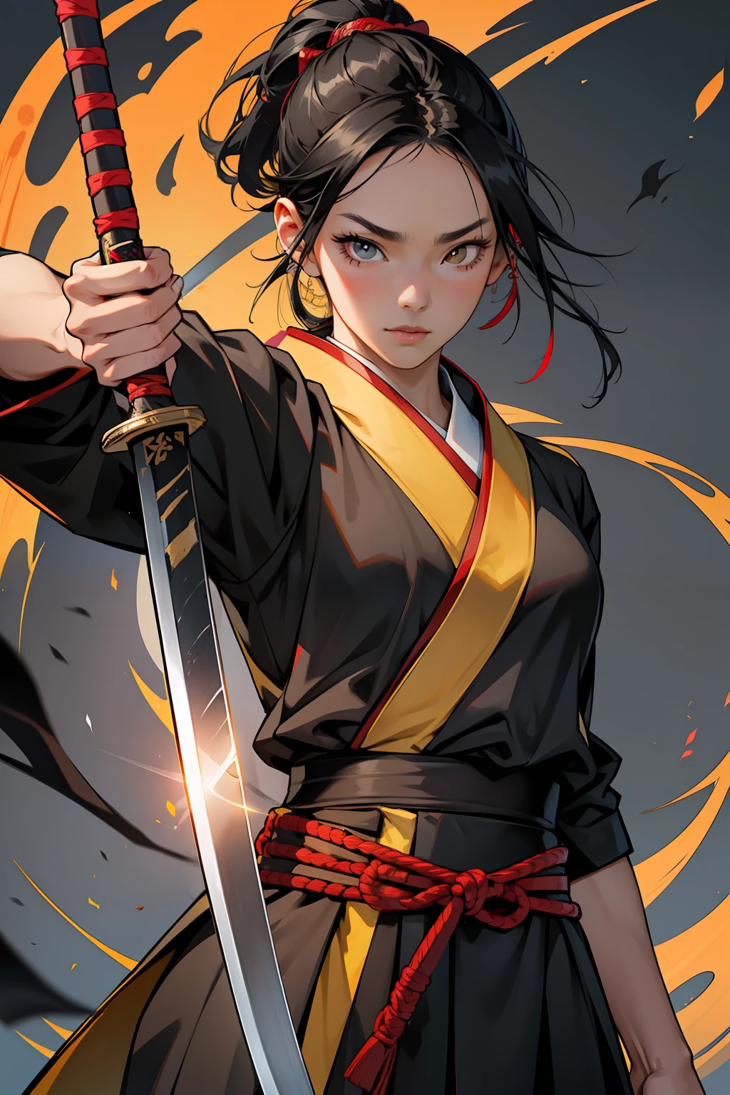 The facial features are clear and three-dimensional,Masterpiece,Highest quality,Oriental face,Black color hair,Swordsman of the East,one-girl,Gorgeous Japanese costumes,samurais,swordsman,Japanese Katana Sword,火焰,yellow and red clothing,Yellow belt