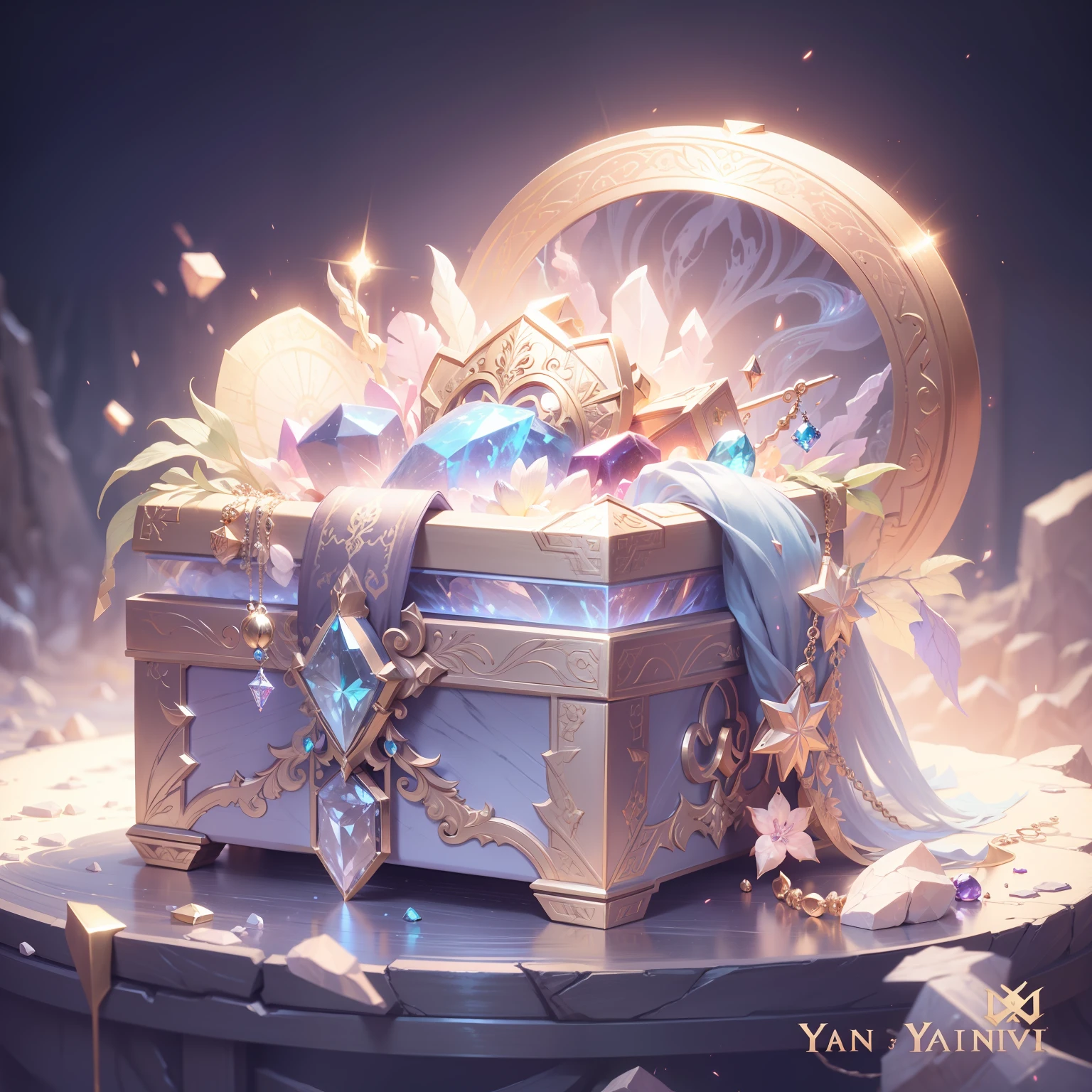 There is a small box,There is a pile of jewelry on it, concept art magical highlight, 8K high quality detailed art, Magical items, by Yang J, ethereal fairytale, dreamy and detailed, trending on artstation pixiv, Ethereal fantasy, front of the treasure box, ethereal essence, Guviz, loot box, highly detailed exquisite fanart,