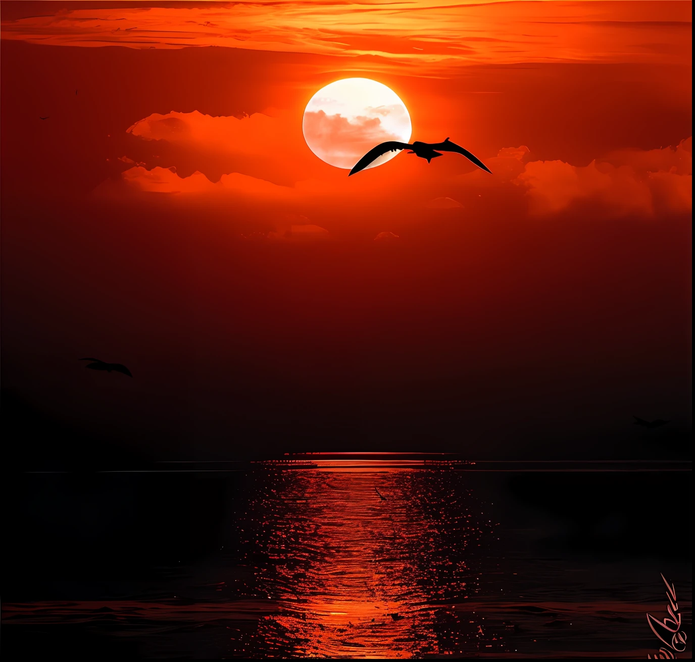 Arafede birds flying over the ocean at sunset, red sun over paradise, epic red - orange moonlight, Red sunset, with a red sun in the background, The red sun, flying through sunset, Red sky, sunset red and orange, Red sky, Sun sunset, Red Moon, epic red - orange sunlight, Red horizon, Sunset photo, Soaring