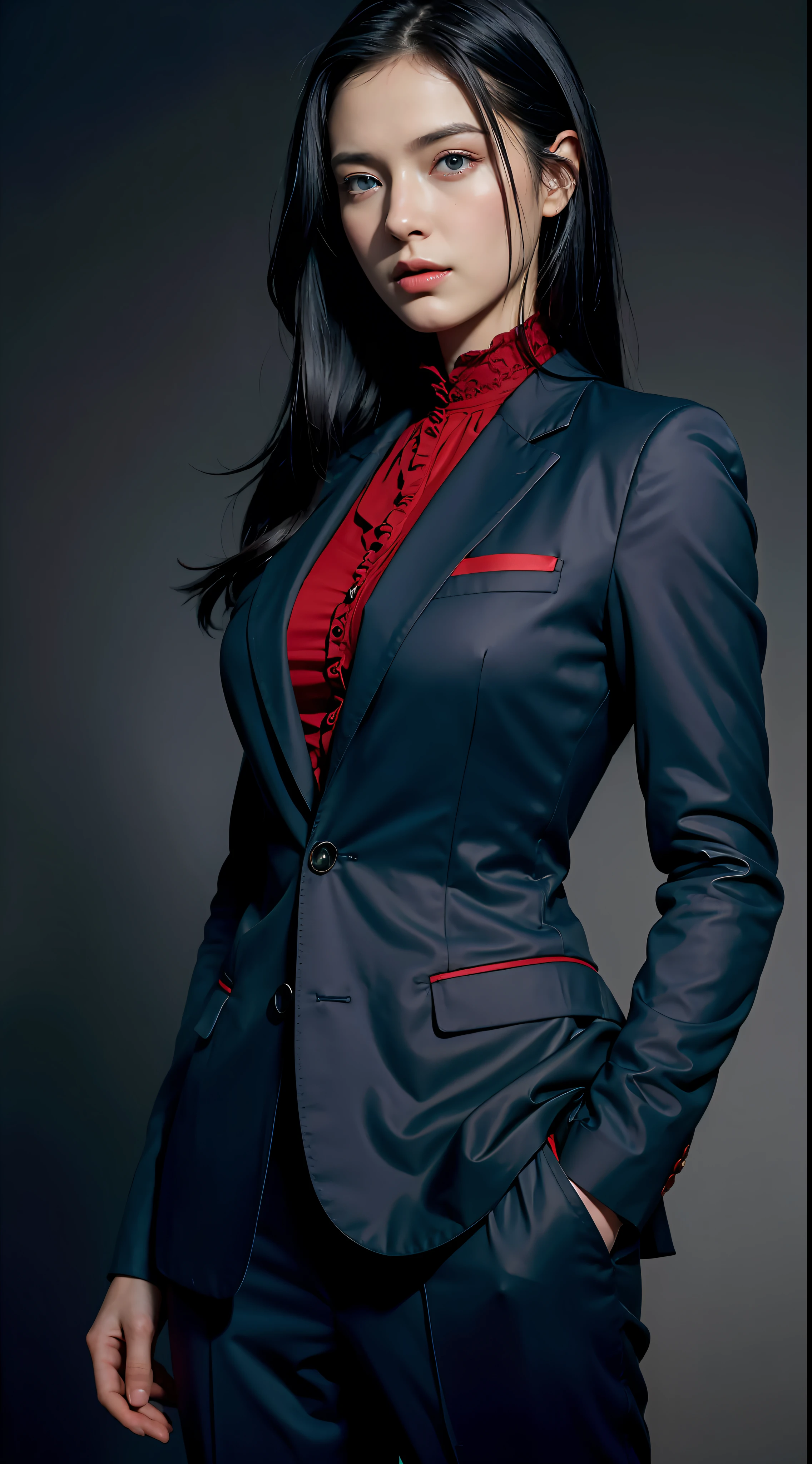 Best quality, masterpiece, ultra high res, (photorealistic:1.4), raw photo, 1girl, black hair, blue eyes, detailed eyes and face, red suit, dynamic lighting, in the dark, deep shadow, low key, cowboy shot, full-lenght body