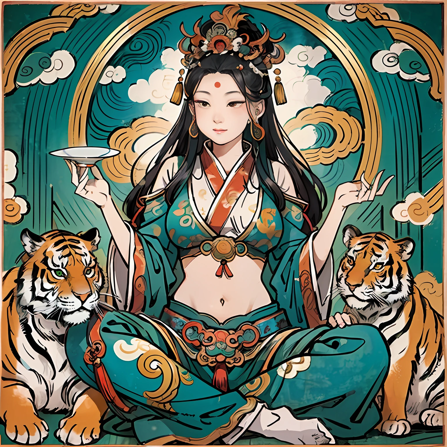 an ancient Chinese goddess, guanyin of the southern seas, Guanyin, Inspired by India, Avalokiteshvara rides a tiger,,Serene expression,shui mo hua,Buddha,Buddhist,Lotus,Chinese painting style,Thangka style