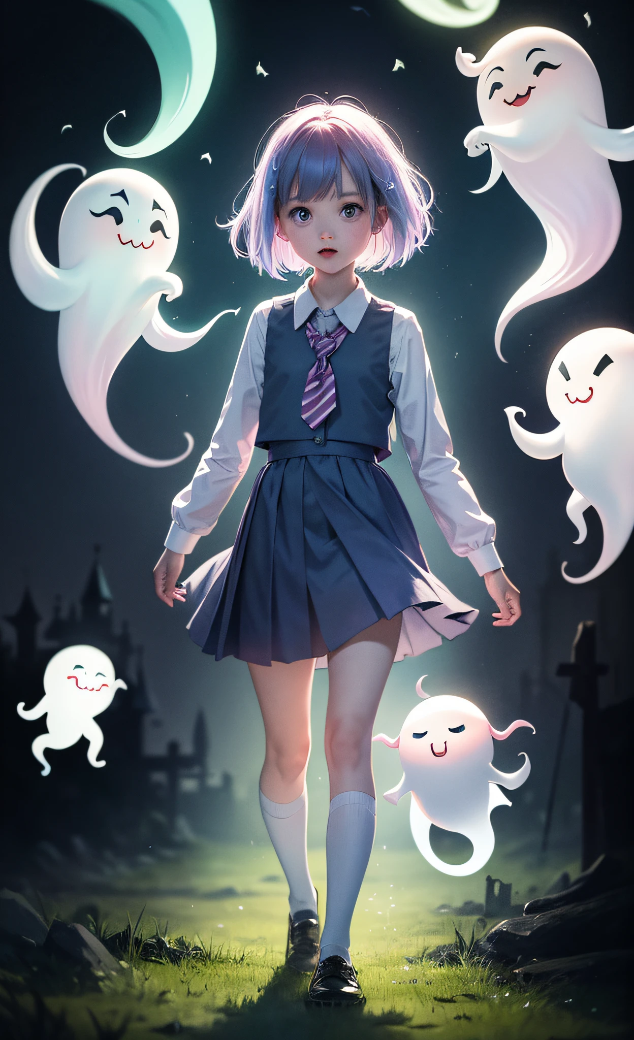 masterpiece, best quality, schoolgirl exploring a haunted theme park, haunted by cute chibi ghosts, cute, whimsical, glow, glowing, fun, silly, mystical, magical, arcane, funny, amusing