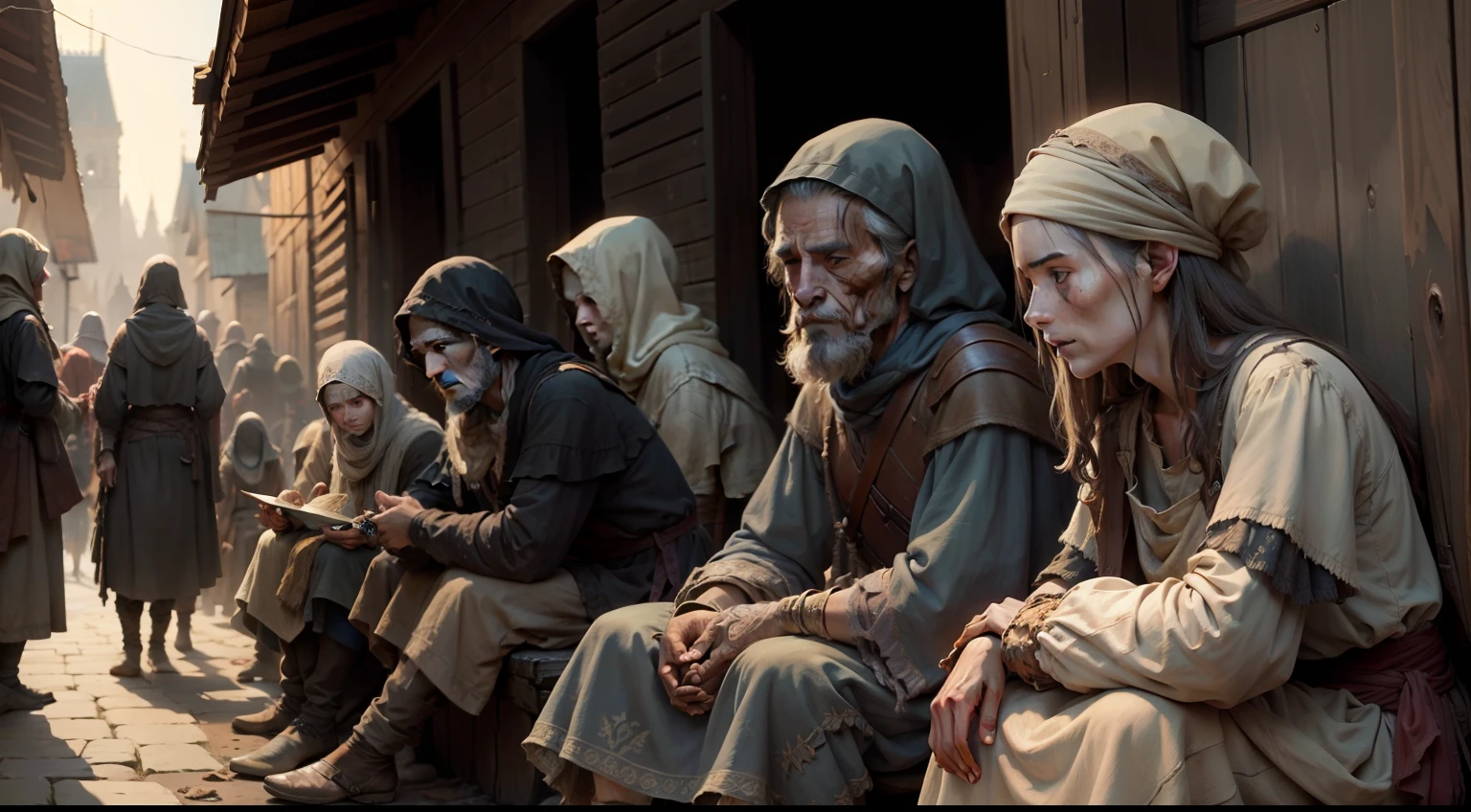 A group of beggars dressed in tattered sackcloth，Medieval people，4k highly detailed digital art，Intricate, High detail, Sharp focus, Dramatic,