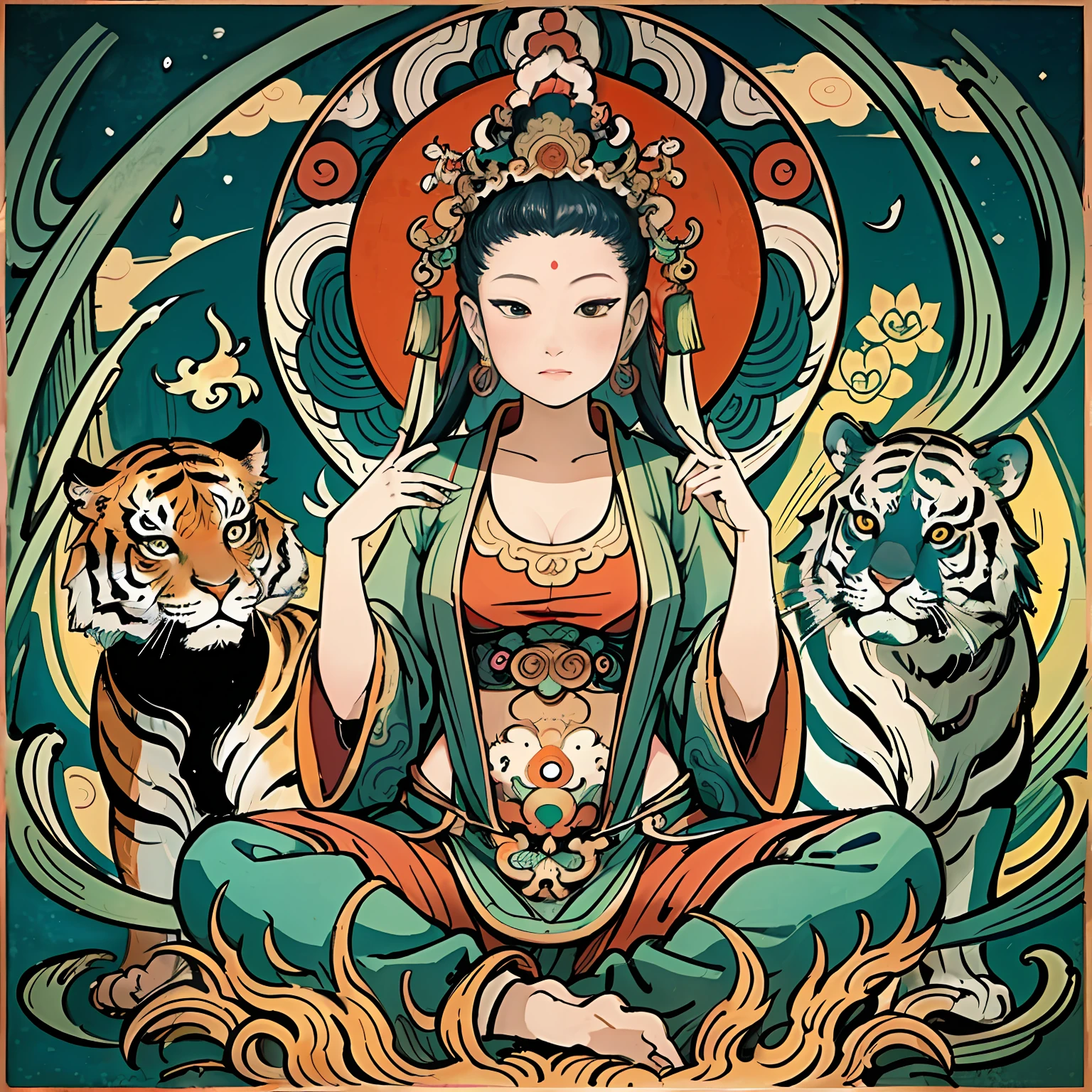 an ancient Chinese goddess, guanyin of the southern seas, Guanyin, Inspired by India, Avalokiteshvara rides a tiger，,Serene expression,shui mo hua,Buddha,Buddhist,Lotus,Chinese painting style,Thangka style