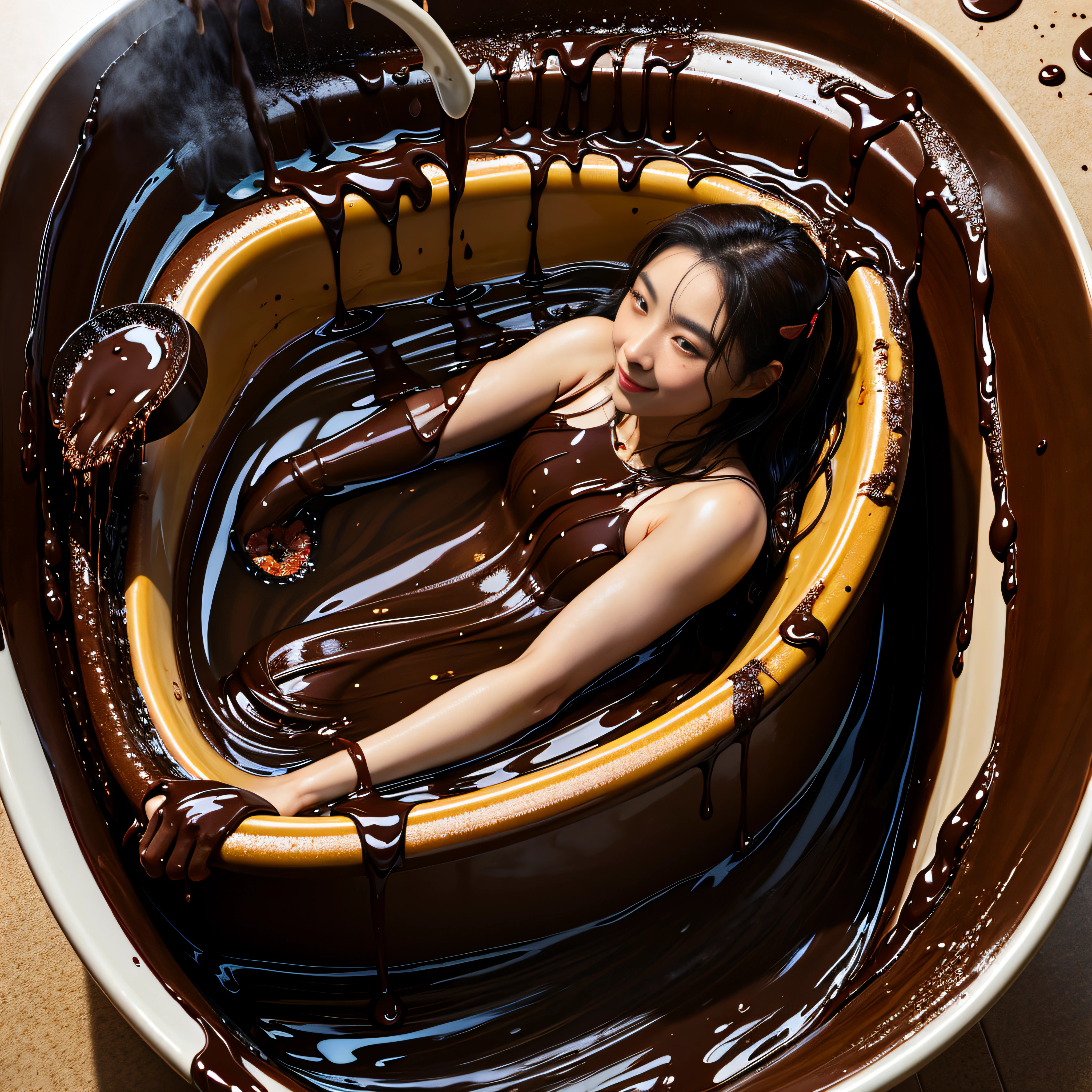 asian women in a tub of chocolate, ((chocolate pouring down)), ((chocolate dripping from above)) swimming in a pool of pudding, black oil bath, smothered in melted chocolate, sludge, covered with liquid tar. dslr, oozing black goo, chocolate river, happy!!!, fuji choco, onsen, realistic young gravure idol, made of smooth black goo, chocolate, Asian woman, chocolate covered woman in a chocolate covered tub with chocolate sauce, smothered in melted chocolate, chocolate art, chocolate. intricate background, some chocolate sauce, dark chocolate painting, by david la chapelle, chocolate sauce, covered with pudding. dslr, chocolate, chocolate. highly detailed