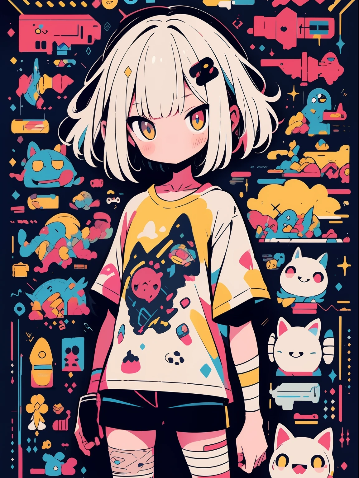 hightquality、neon color palette、high-level image quality、Kawaii Girl、Unprecedented amount of drawing、anime styled、Geometric pattern background、sticker style、short hair、dark hair、brown eyes, messy hair, menhera, bandages, loose clothing, baggy t-shirt, self harm, guro, dark, depressed, eye bags, heavy eyes, dark eyes