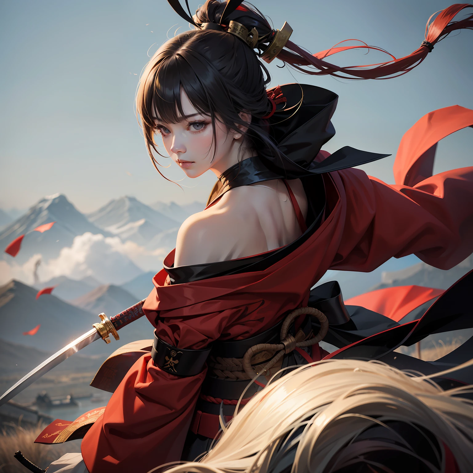 The hair: I have long hair.、Draw a style of tying or wrapping with a hood on the back。Draws bangs and beard well、Expressing the appearance of a samurai。
outfits: Design traditional samurai attire、Designed to hide the mouth according to the mask, kimono and hakama motifs、Create simple yet powerful images。
arma: Draw Japan sword, It is a representative weapon of the samurai。Carefully expresses the details of the blade and handle、Emphasize the power of the sword。
masks: Mask drawing to hide samurai face。The design of the mask is simple、Black, Red, etc.、It is better to choose strong shades。
Poses and facial expressions: Draw in a powerful pose、Expressing the power of combat。Because the expression of the mask is hidden、Expressing the emotions of the characters with their eyes。
Background with: Against the backdrop of battle scenes and traditional landscapes of the Japan。Minimize background details、Make your character the protagonist。
movement: Expressing the movement of wielding a sword、Add power and dynamism to your photos。Be creative with the flow of lines and shadows、Emphasize movement。ember