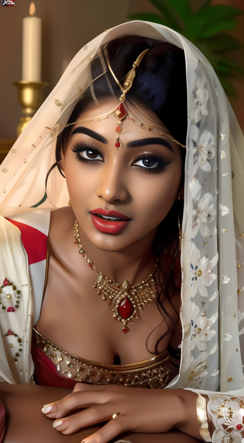 Masterpiece, highest quality, hyper-realistic portrait of an Indian girl with Indian Beauty wear dupatta on head (8k, best quality), Indian girl {{cum(sperm) on face}}, girl cum_in_mouth. Red lipstick. Cuming out from mouth. Girl sucking man monster black cock ( big dick)