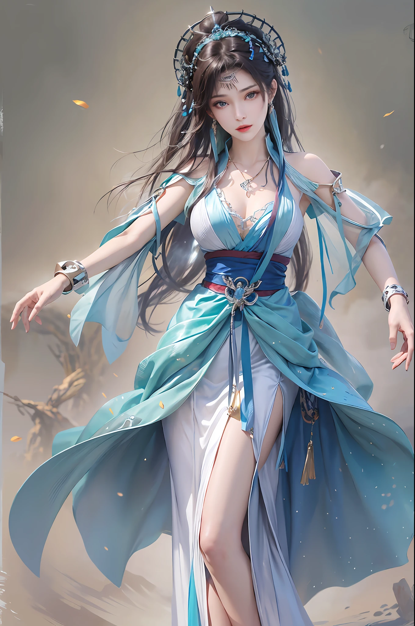 top-quality、masterpiece、Hi-Res、((yunyun)))、a necklace、hair adornments、(beautiful countenance)、Look at viewers、is standing、((A half body))、Blue Open Dress、Extend your left arm、Drooping right arm