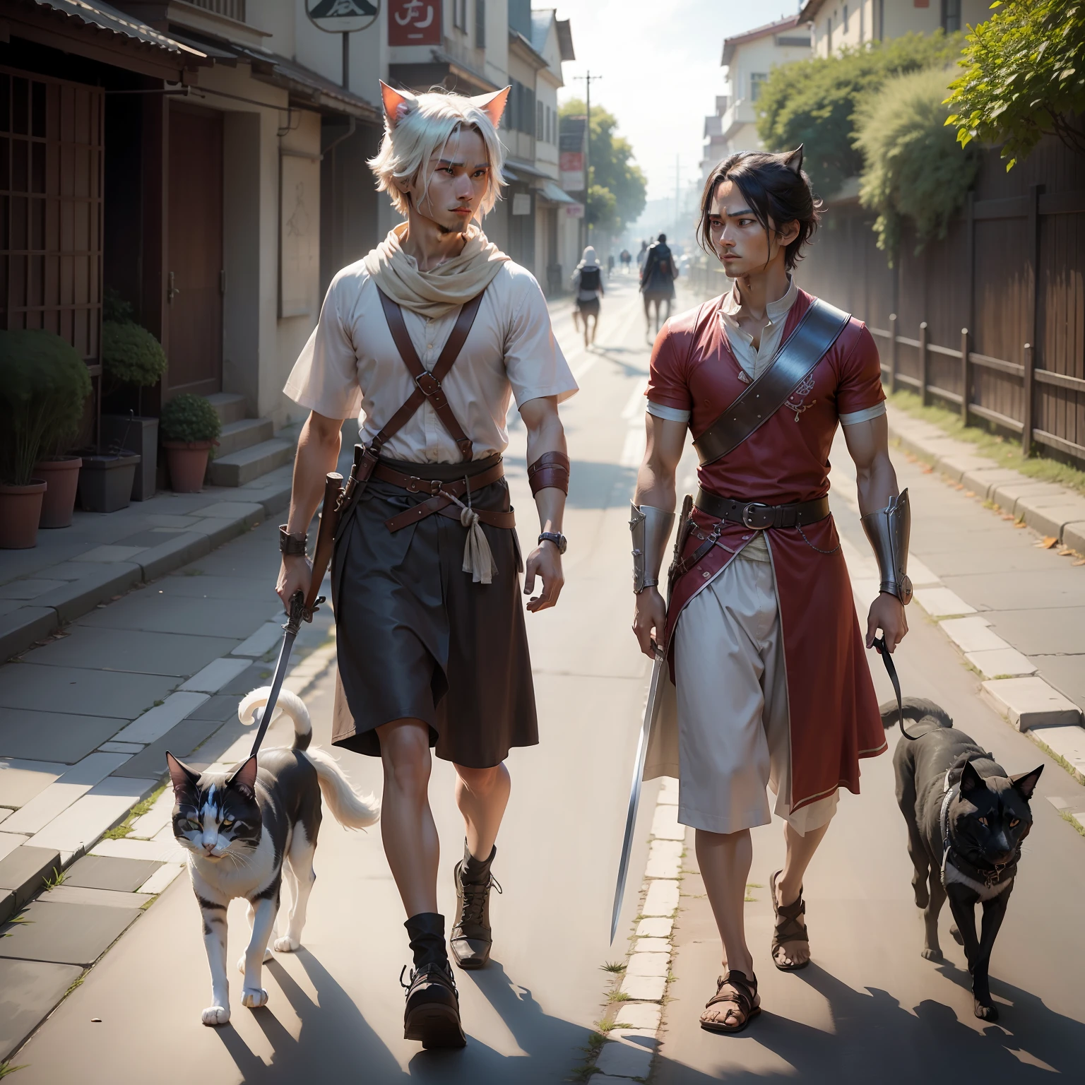 catss,Wear cloth,With a sword,Walk to the road,Followed by dogs