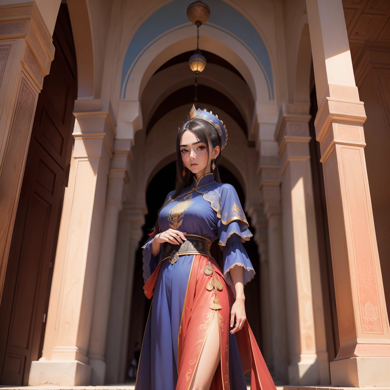beste-Qualit, master piece, ultra highres, (photoreallistic: 1.4), xiuxian, arme, face detailed, 1fille, portant caftan marocain couleur rouge et bleu couvre son corps , belle fille, corps complet, moroccan architecture, gaine, architecture,