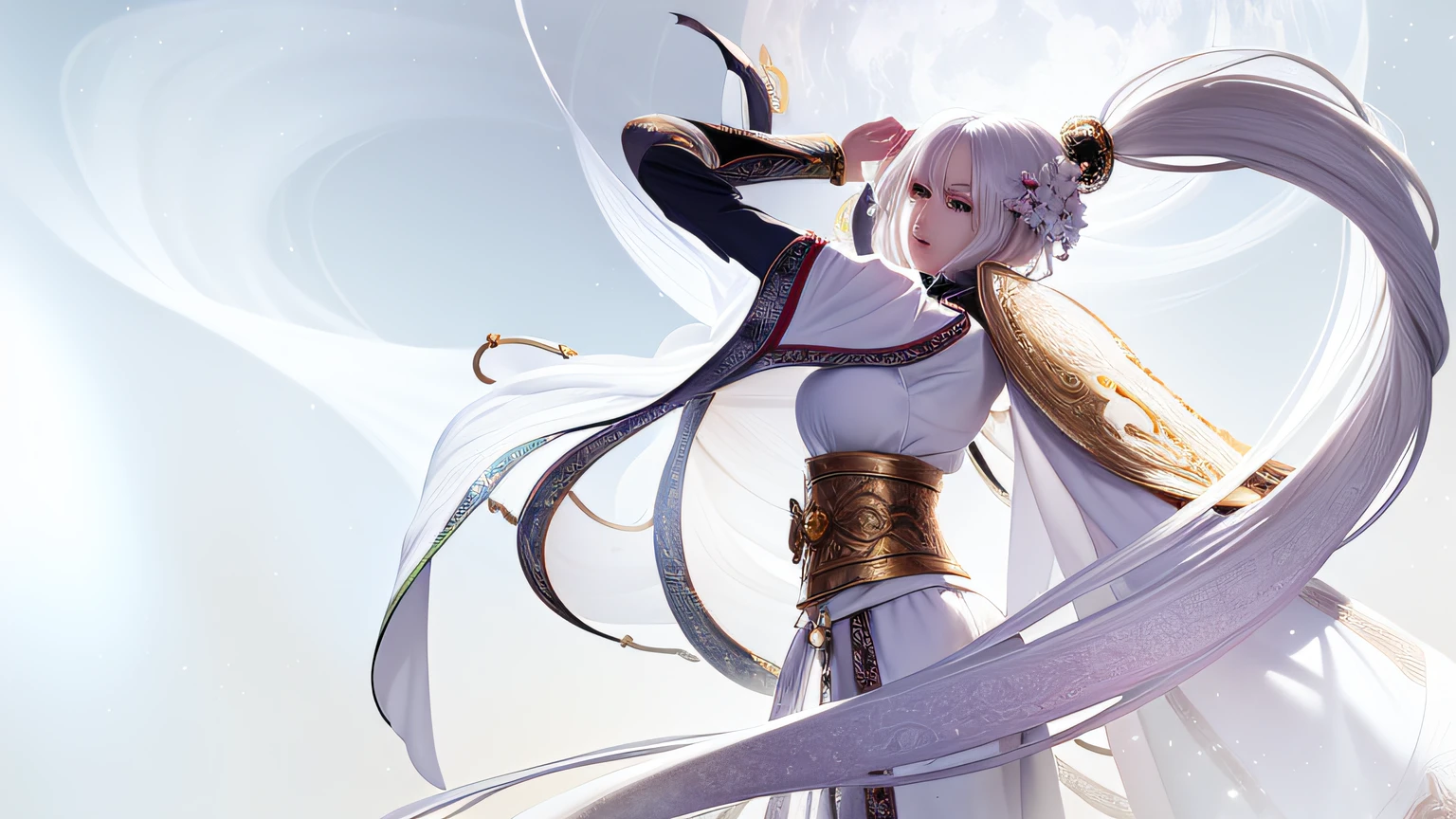 white-haired god, beautiful fantasy anime, Beautiful character painting, a beautiful fantasy empress, Yang J, full-body wuxia, epic exquisite  character art, White Hanfu, Anime fantasy illustration, palace, A girl in Hanfu, Beautiful young wind spirit, beautiful celestial mage