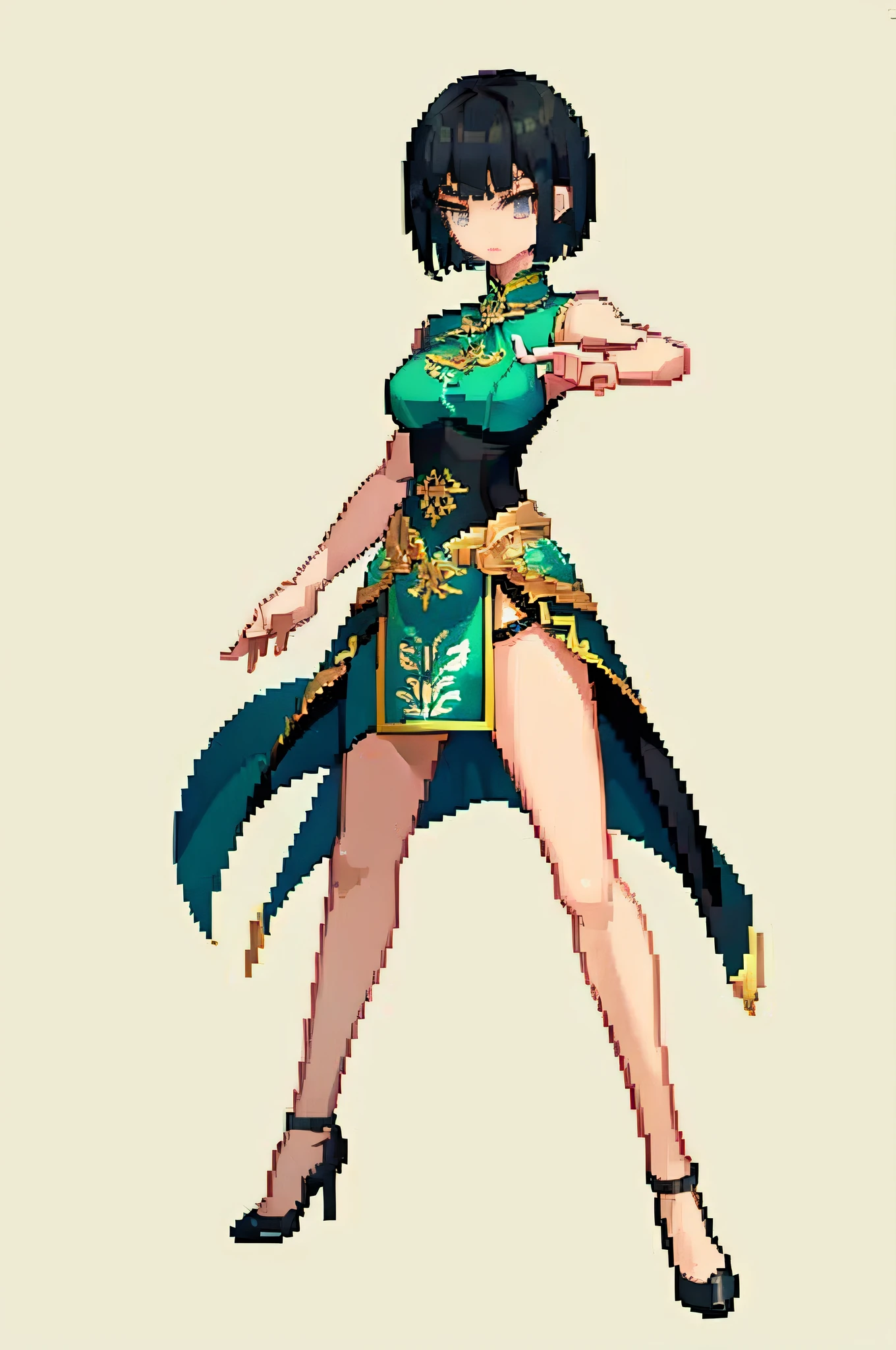 tmasterpiece,top-quality,best qualityer),pix,pixelart,1girll,Black color hair,Green cheongsam,short detailed hair,spread their legs,high-heels,Rich expressions,Rich dynamics,Holding a double knife in his hand,Offensive stance,Combat form,full bodyesbian,Abundant limbs,grexaggerated movements,The right human body,Meticulous portrayal