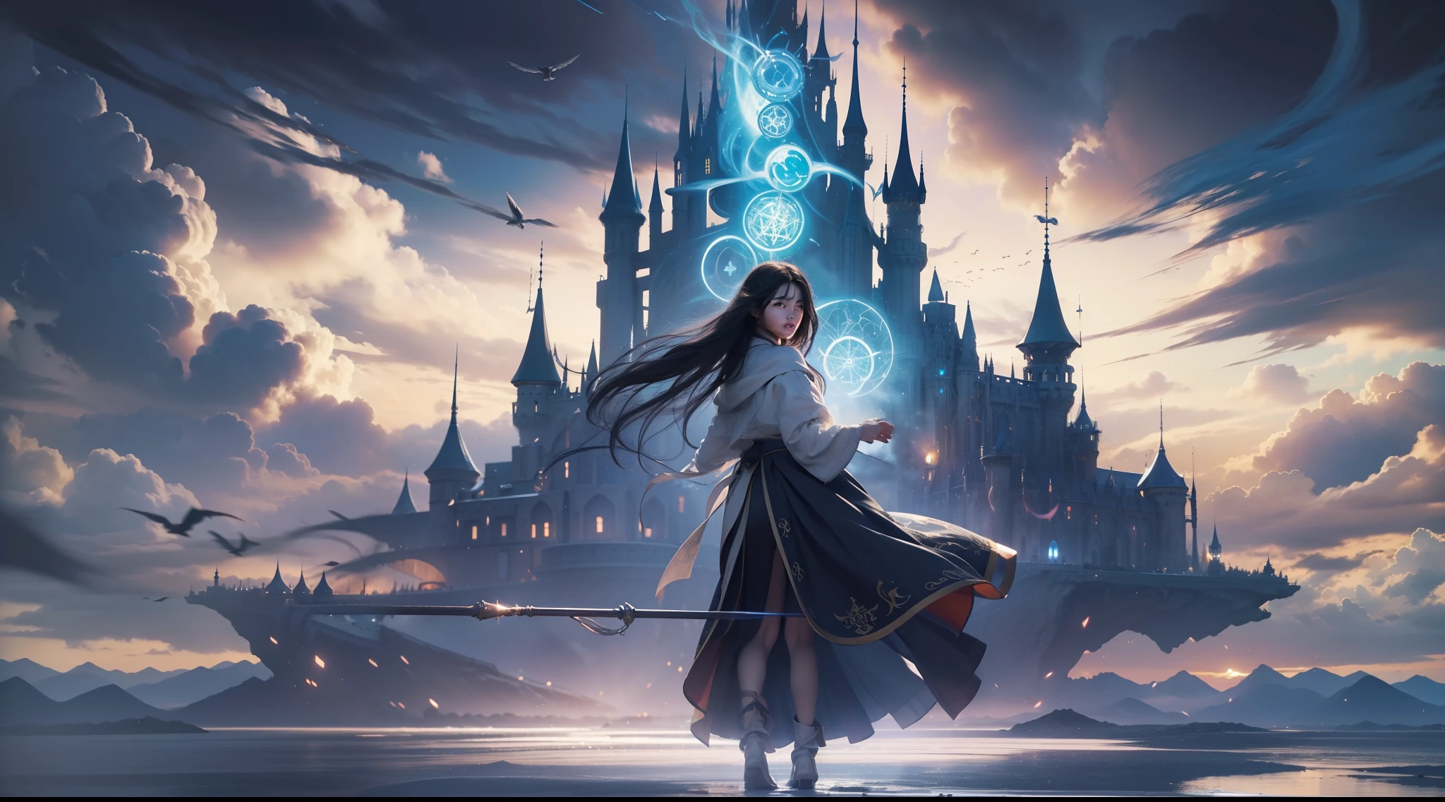 Above the rising clouds,Night, Dark, (Fantasy),infinite,deep blue sky,The abyss of knowledge,Cowledge,((masutepiece)), (((Best Quality))),((Beautiful fine eyes)),(Eye lashes)、Realistic clouds、Very beautiful face、The ultra -The high-definition、high fantasy castle、Beautiful girl with a huge golem、(女の子1人)、Black hair、The long-haired、abyss eyes、glowy skin、oils、small tits、Perfect human body structure、Wizard robes、der riese、tattered cloth、Realistic coat、Teenchi、Super delicate CG Unity 32k wallpaper、photoRealstic、masterpiece, ((ultra-detailliert)), ((illustratio)),colourfull,wall-paper,The energy,Unknown terror,Incomprehensible,Around the magic,Magical surroundings,magic wands,Boken,Flying pages,Know everything,Predict the future、Get to know the past、Infinite wisdom、blue flames、Warlock、magic circles、Pentagram、Spells、mantra、Singing magic