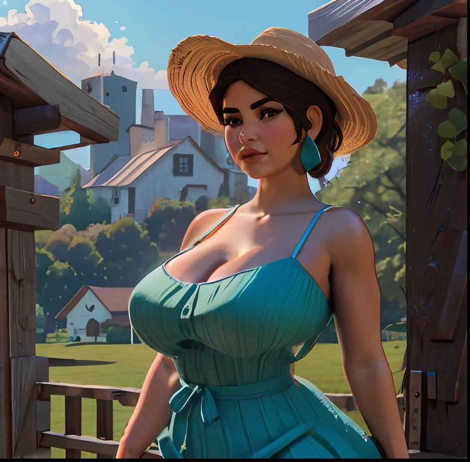 perfect face, mature pretty hispanic female villager wearing a tight cloth as a dress, outdoors, sunny, looking_down, looking_at_viewer, standing,a thick luscious curvy body female, farmer_girl, thick thighs, short, (futanari:1.1), (testicles:1.1), (:1.4), (full-package_futanari), dripping