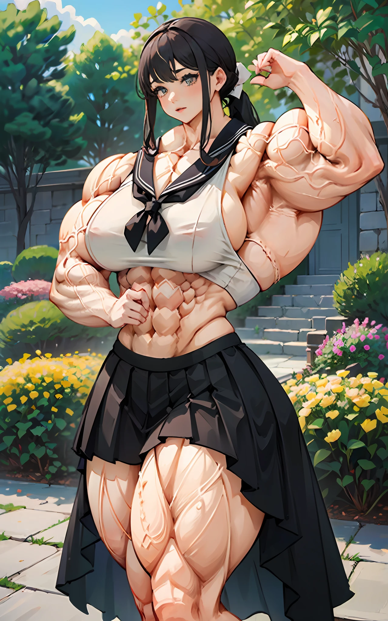 (1girll), huge tit, Breasts, Conque, Moisturizes skin, ,trpical garden , Sailor uniform, teens girl,realistic illumination,top Quority,8K,tmasterpiece,Muscular female,Muscular,Abs