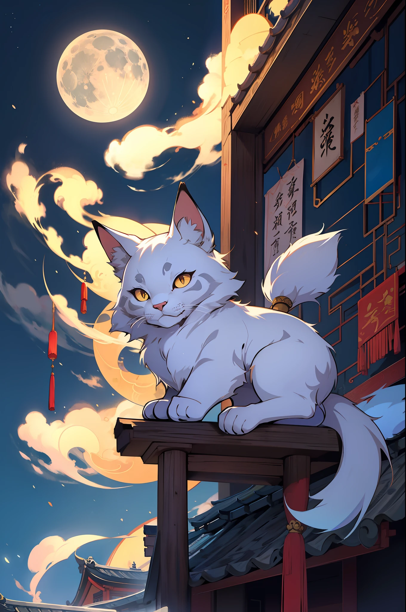 A Chinese Lunar Cat God that carries the Moon across the night sky, masterpiece, best quality