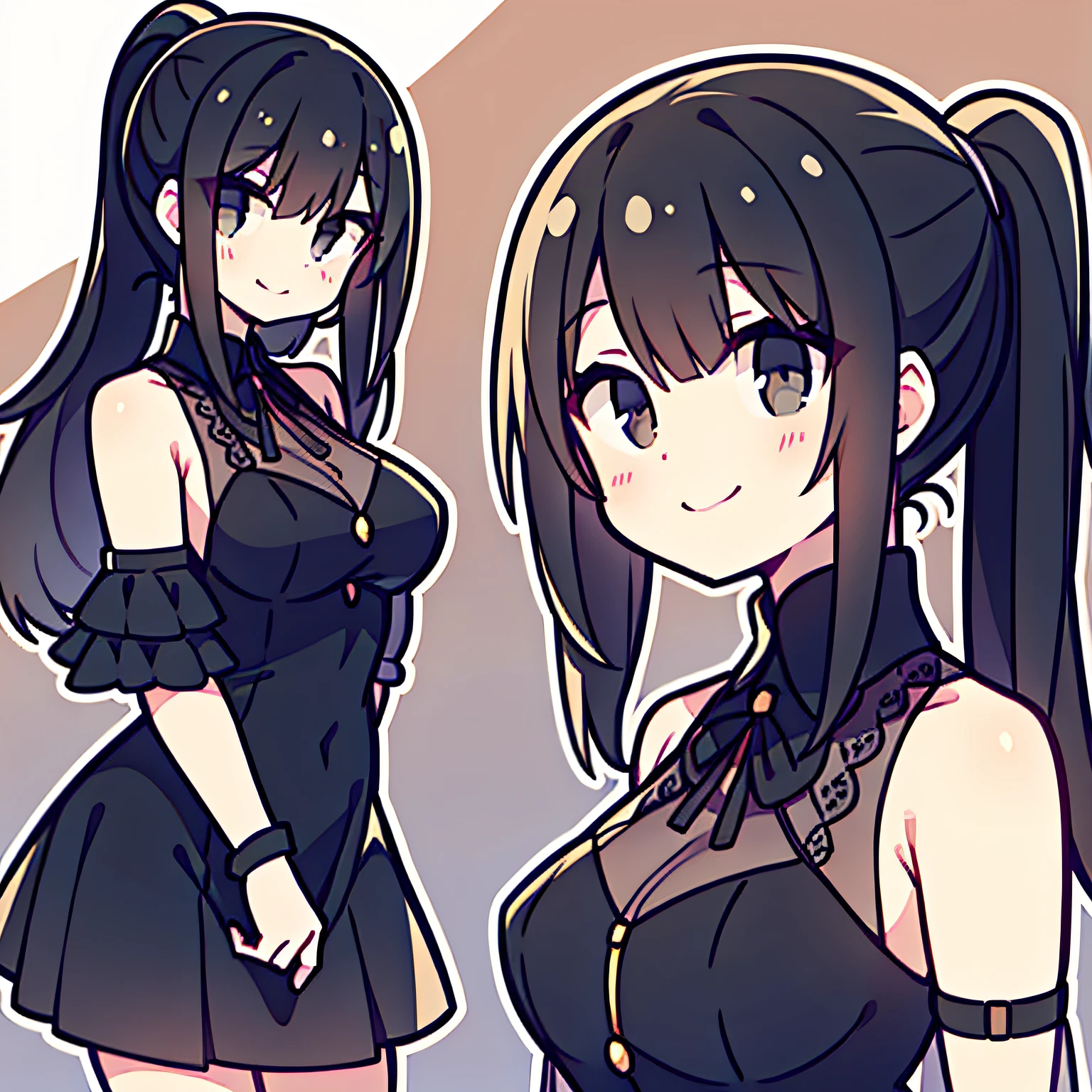 a pregirl，black hair longhair，ssmile，Black colored eyes，High ponytail，shift dresses