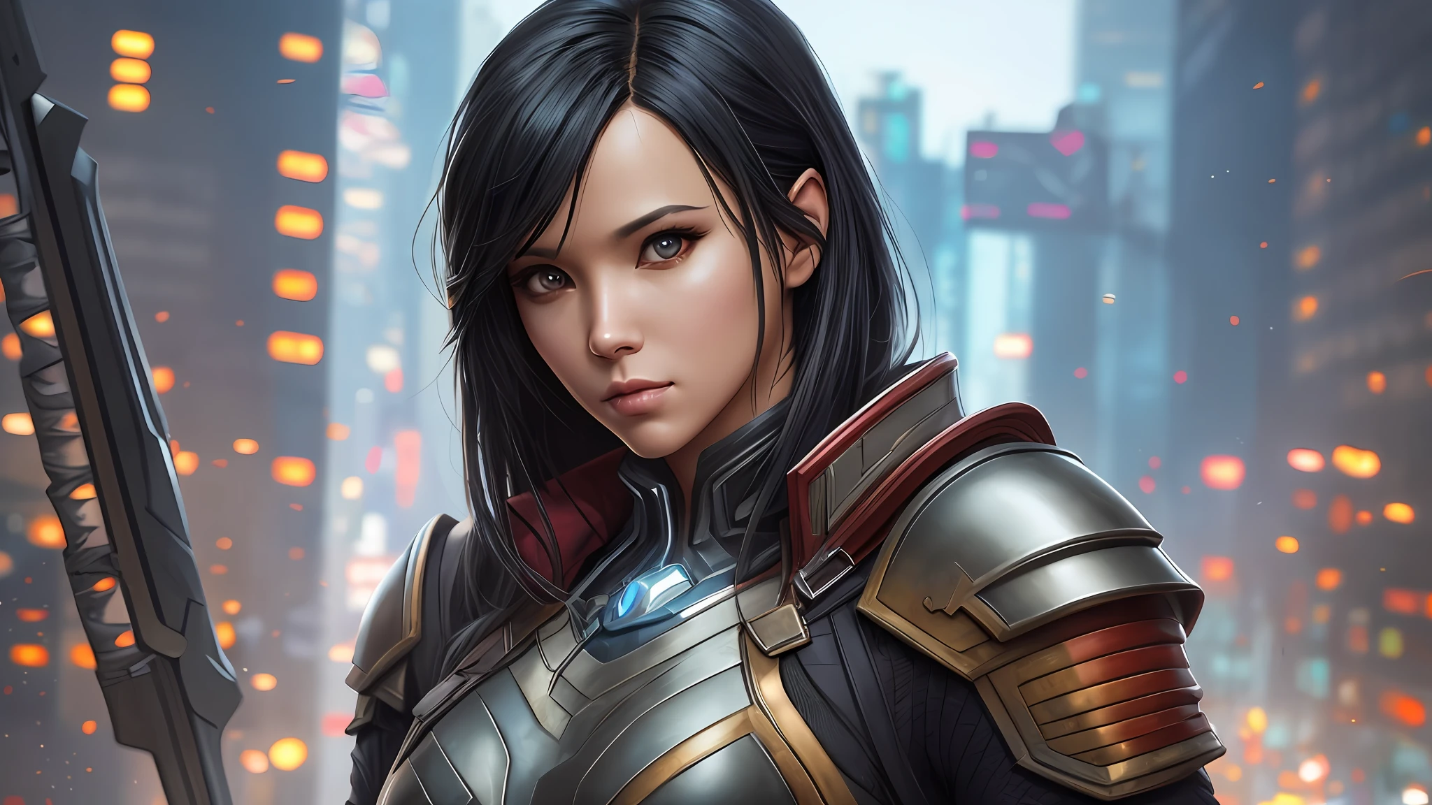 (masterpiece) (unreal engine) (photo realistic) female black hair warrior, weapons, cyberpunk, armor, guardians of the galaxy, fine scharp details, low iso lighting, raytracing, art station, stunning character art, fanart best artstation, epic exquisite character art, beautiful armor, extremely detailed artgerm, detailed digital anime art, artgerm on artstation pixiv --auto --s2