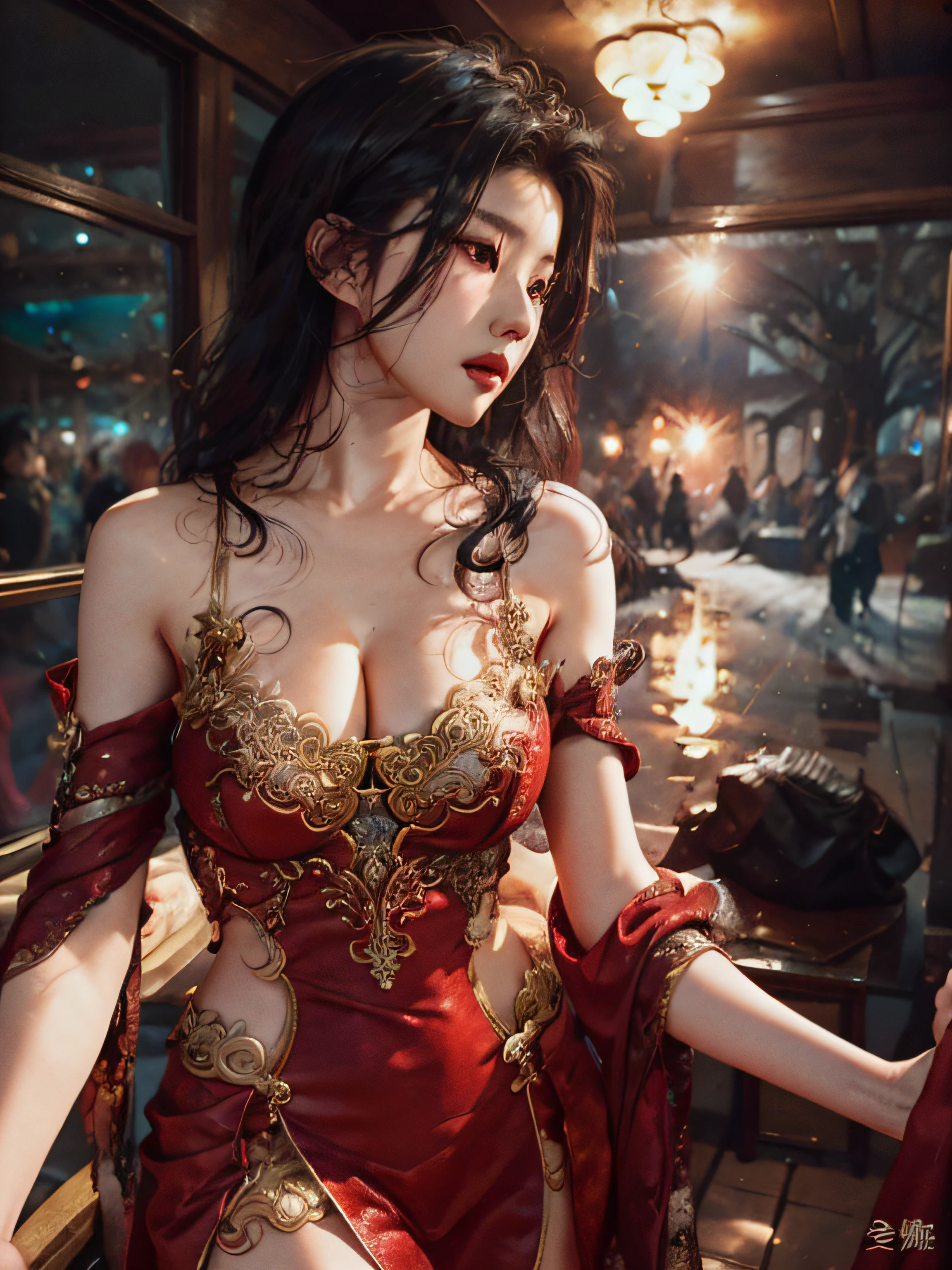 Ace，4K，A high resolution，tmasterpiece，best qualtiy，Head：1.3，（Korean K-pop idol），Fine fine skin，tack sharp focus，（Cinema lights），鎖骨，Morning，softlighting，dynamic angle，[：（详细的脸:1.2):0.2], Underarm wrinkles, Thigh crevices, Red evening dress, Slim, middlebreast, cleavage, full bodyesbian,Back view、wearing see trough dress