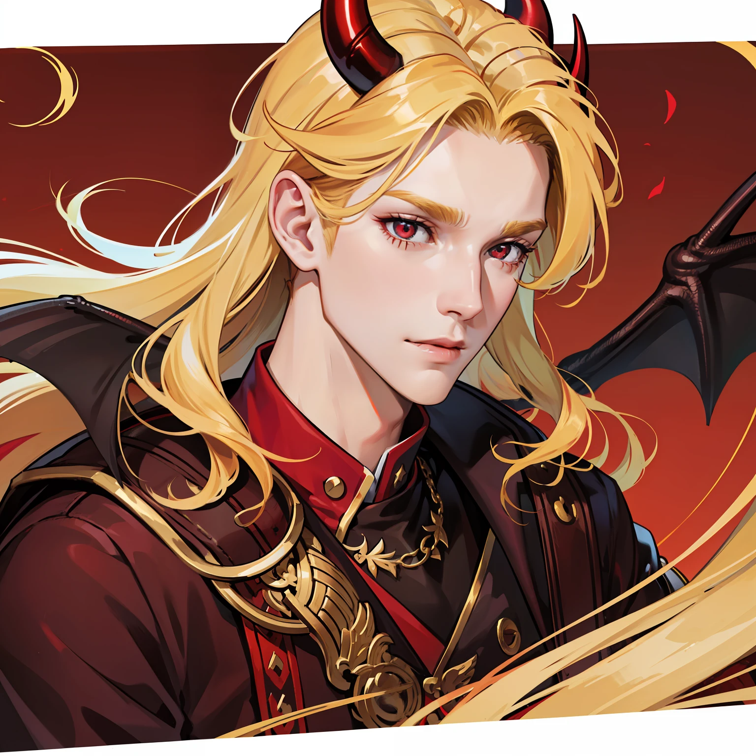 male people，Golden hair，red color eyes，Fair skin，devil horns，Demon tail，Devil Wings，closeup of face，Facial phenomena
