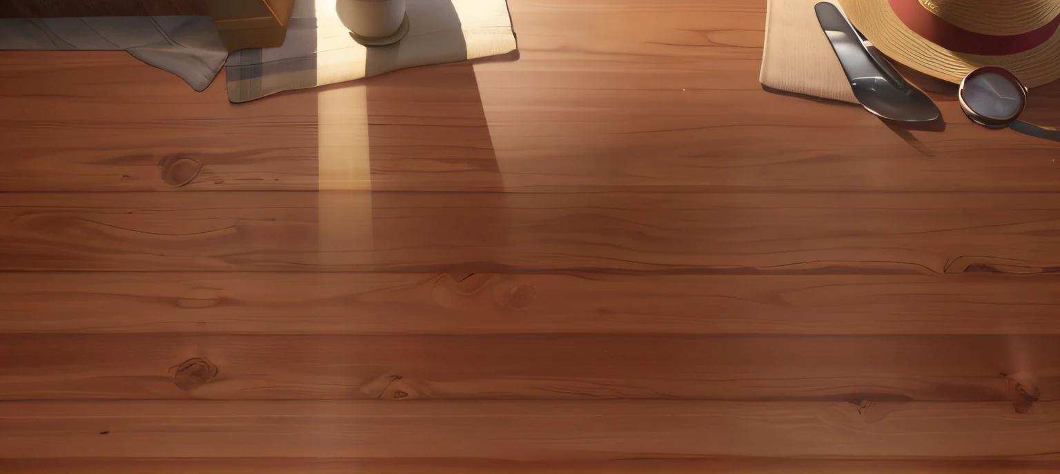 A wooden table,There are hats, martian sands background, Clear wood grain grain texture,afternoon sunlight, Makoto Shinkai. rendering by octane, perfect crisp sunlight, detailed shot legs-up, morning lighting, bottom angles, cinematic level shot, rendered in pov - ray, afternoon lighting, inspirado em Goro Fujita, random background scene, Strong sunshine