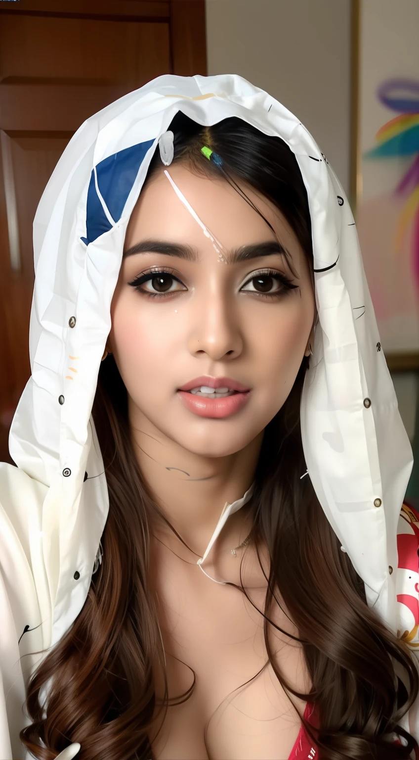 Masterpiece, highest quality, hyper-realistic portrait of an Indian girl with Indian Beauty wear dupatta on head (8k, best quality), Indian girl {{cum(sperm) on face}}, girl cum_in_mouth. Red lipstick. Cuming out from mouth. Girl sucking man monster cock ( dick)