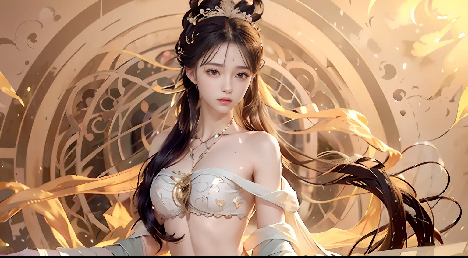Full body photo,a beautiful female,messy hair,s girl,Symmetrical bun,hair adornments,jewelry,The face is delicate,Crop topping,showing belly,Burning flame,lace robe,Fine fine skin,Soft light effects,Delicate and smooth hair,exquisite detailing,eyes highlights,Fair skin,Fine portrayal,Ultimate detail,Cinematic quality,being thin,slenderness,Fragmentation,hair detail,Thin bangs,Shawl hair,Correct bodies,shadowing,Air bangs,8K,Super meticulous,Fine fabric texture,softness,complaisant,Smooth texture,Delicate pattern,correct hand painting,Smile, tsurime, surrealism, Ray tracing, hyper HD, High details, Super detail, A high resolution, 8K, yes, High quality, High details, Textured skin, ccurate
