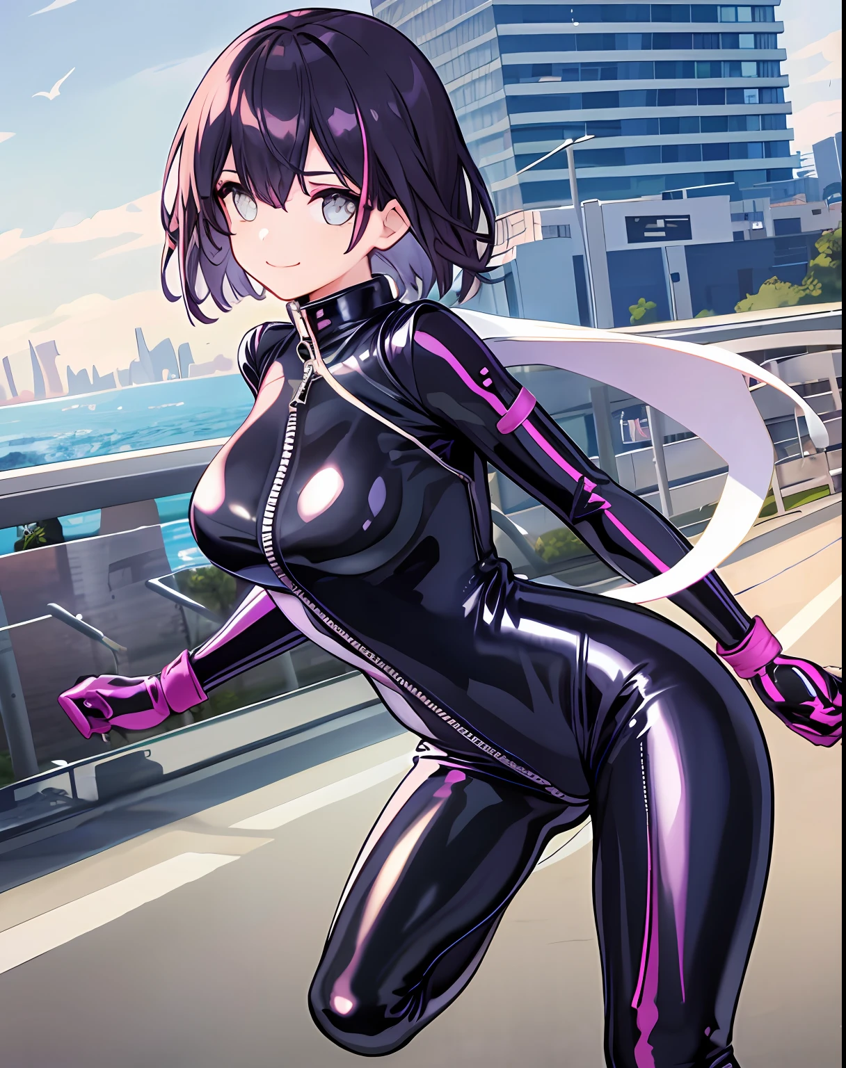 1girll, Large breasts,Light smile,  (Biker clothes:1.2),(full-length zipper),(latex  bodysuit:1.4),Outdoors,Cityscape,