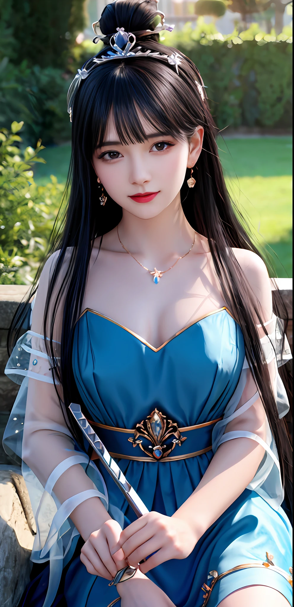 (realisticity: 1.2), best quality, 8K UHD, masterpiece, highres,cg,
1girl, queen, sword, sitting on a royal throne, long hair, wearing a beautiful and luxurious crown filled with diamonds, 
dress, solo, jewelry, red and blue dress, earrings,hair ornament,splashing,upper body,hair bun,black hair,
lighting,candid,Photograph,high resolution,4k,8k,Bokeh,