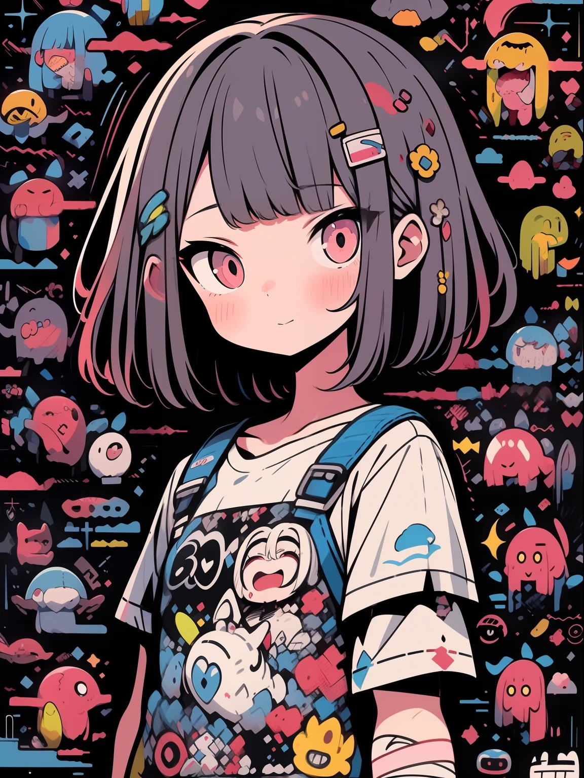 hightquality、neon color palette、high-level image quality、Kawaii Girl、Unprecedented amount of drawing、anime styled、Geometric pattern background、sticker style、short hair、dark hair、brown eyes, messy hair, menhera, bandages, loose clothing, baggy t-shirt, self harm, guro, dark, depressed, eye bags, heavy eyes, dark eyes, blood, creepy, eroguro