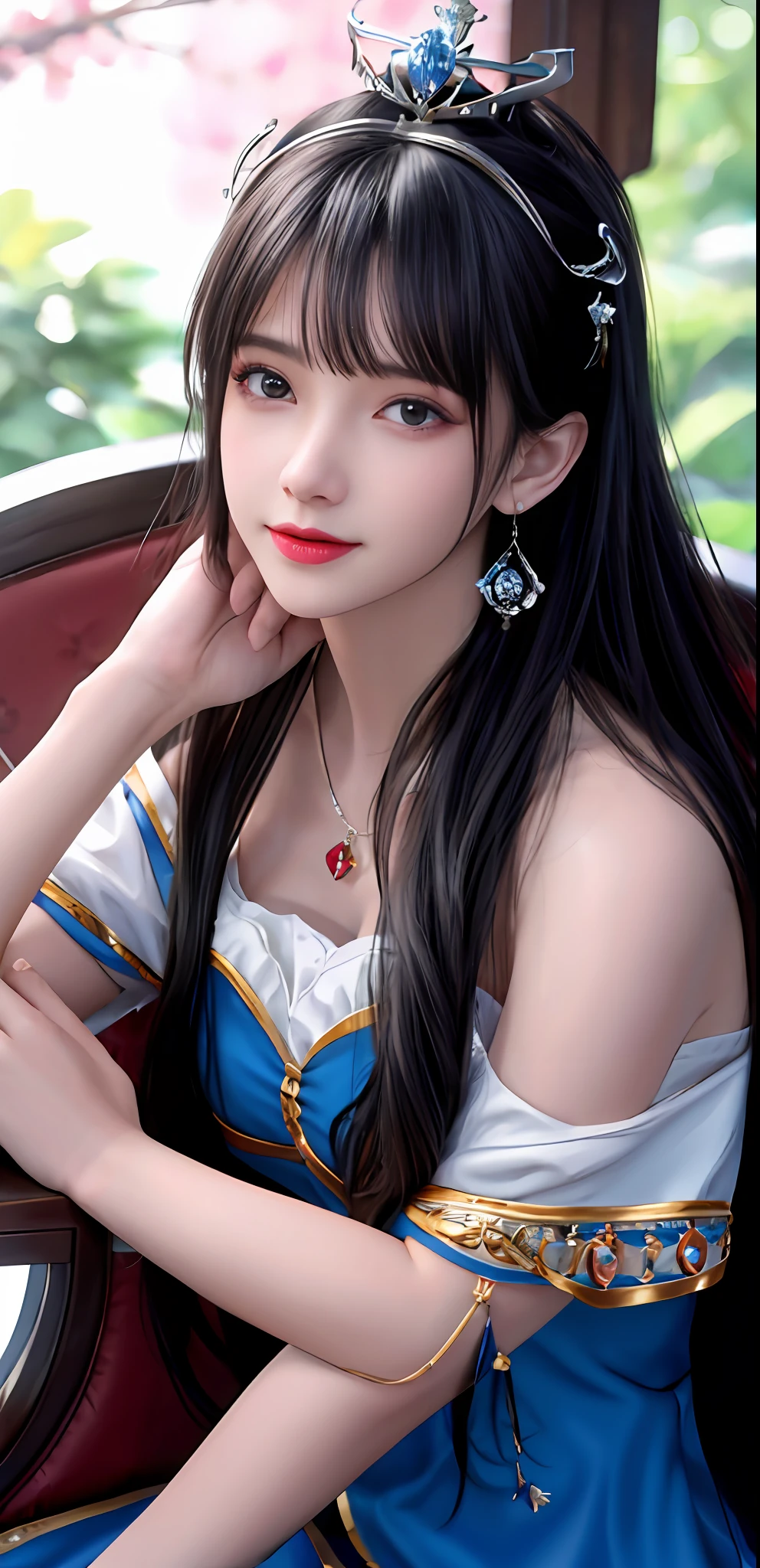 (realisticity: 1.2), best quality, 8K UHD, masterpiece, highres,cg,
1girl, queen, sword, sitting on a royal throne, long hair, wearing a beautiful and luxurious crown filled with diamonds,
dress, solo, jewelry, red and blue dress, earrings,hair ornament,splashing,upper body,hair bun,black hair,
lighting,candid,Photograph,high resolution,4k,8k,Bokeh,