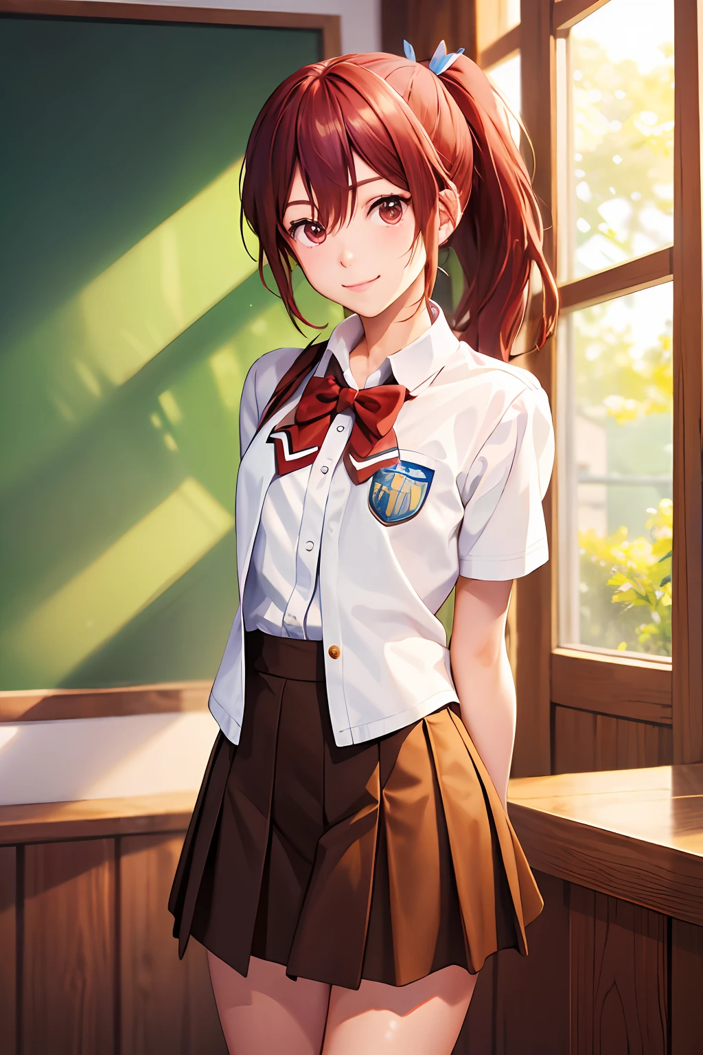 (masterpiece, best quality:1.2), cowboy shot, solo, 1girl, matsuoka gou, smile, looking at viewer, arms behind back, ponytail, school uniform, jacket, skirt, kneehighs