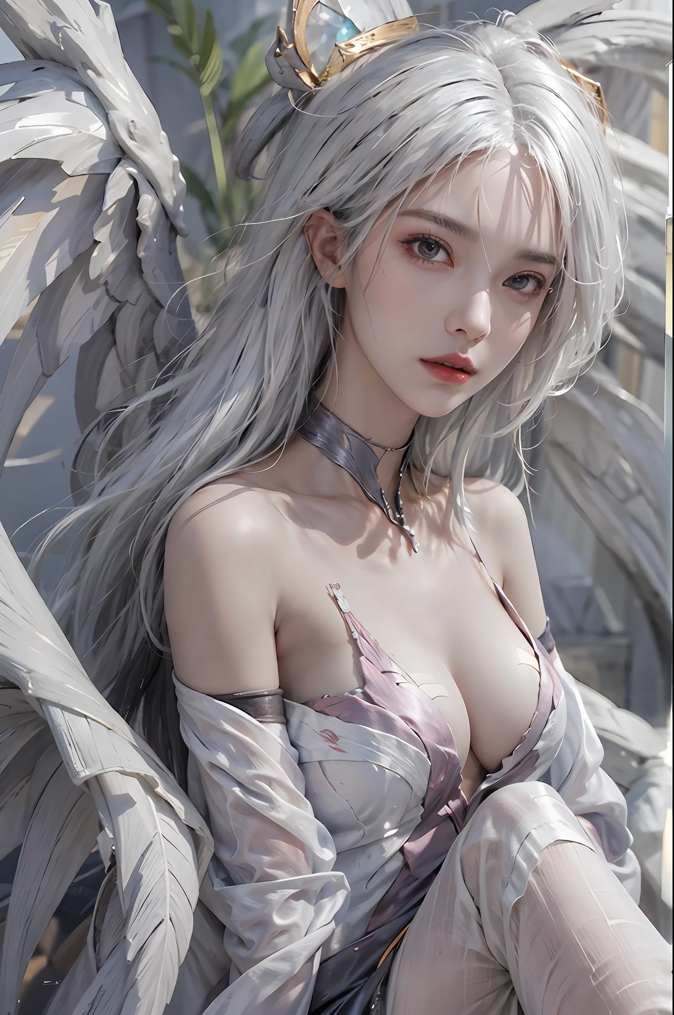 photorealistic, high resolution, 1women, solo, hips up, look at viewer, (detailed face), white hair, kai'sa, void wings