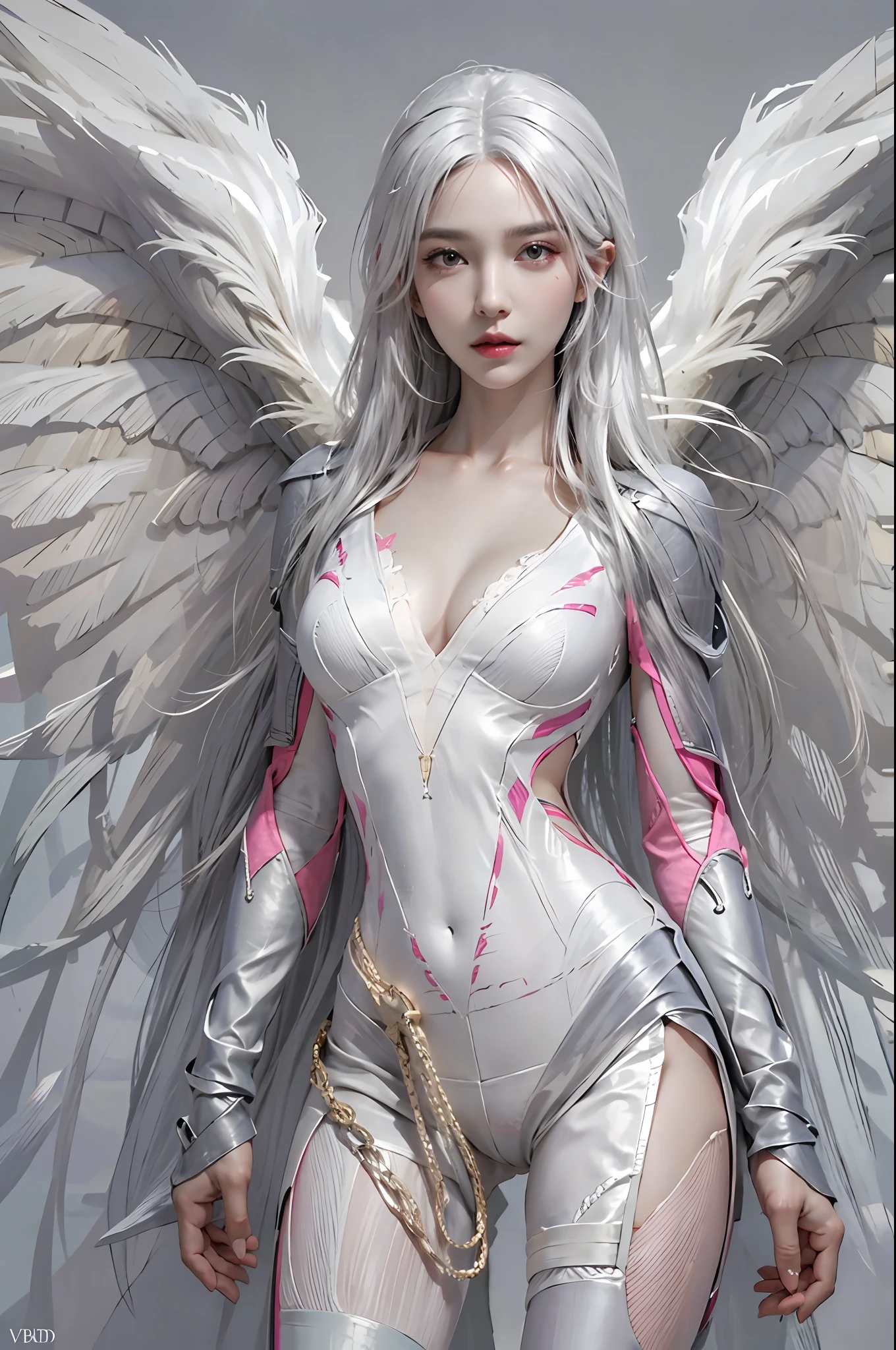 photorealistic, high resolution, 1women, solo, hips up, look at viewer, (detailed face), white hair, kai'sa, void wings