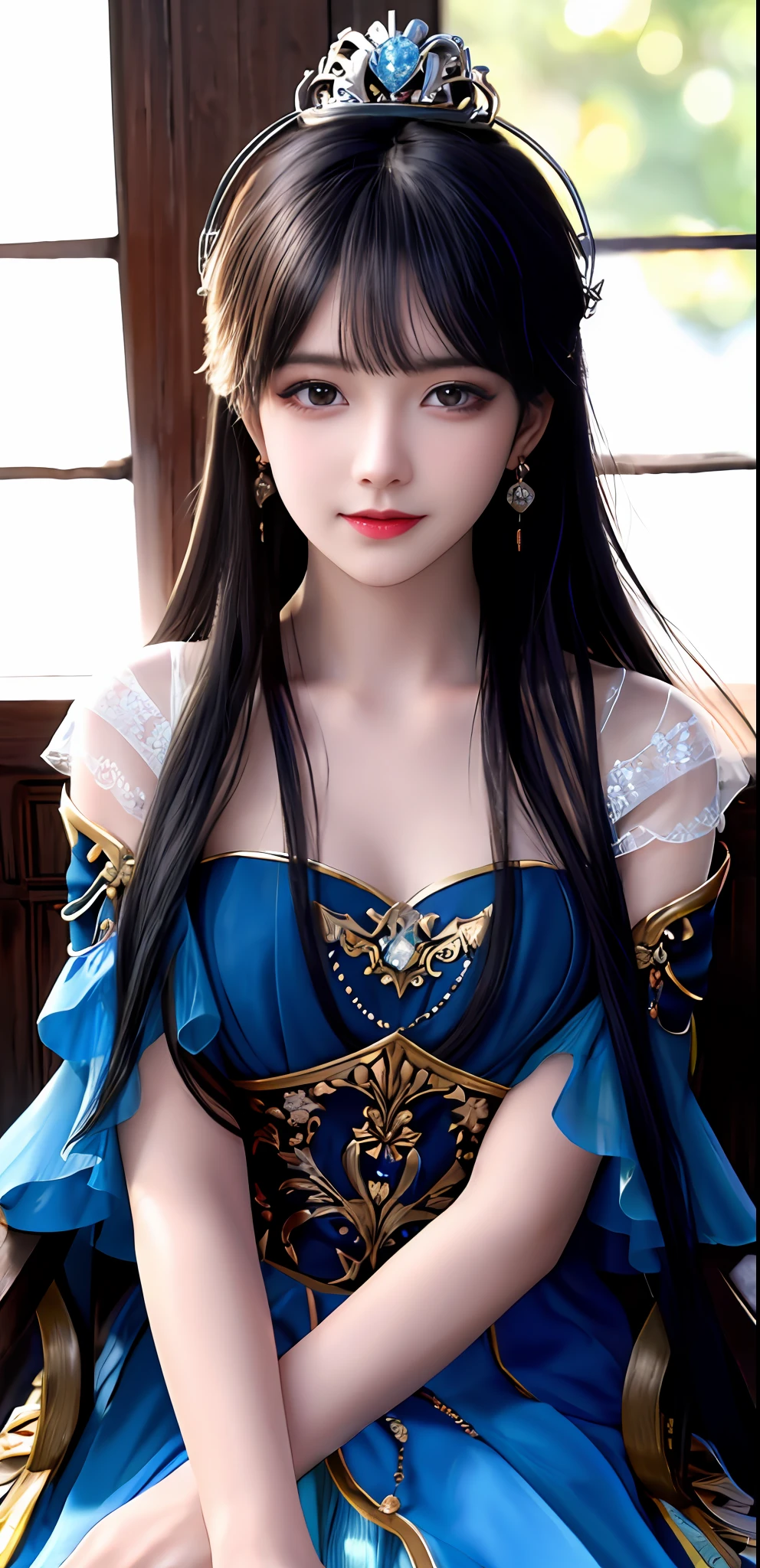 (realisticity: 1.2), best quality, 8K UHD, masterpiece, highres,cg,
1girl, queen, sword, sitting on a royal throne, long hair, wearing a beautiful and luxurious crown filled with diamonds, 
dress, solo, jewelry, red and blue dress, earrings,hair ornament,splashing,upper body,hair bun,black hair,
lighting,candid,Photograph,high resolution,4k,8k,Bokeh,