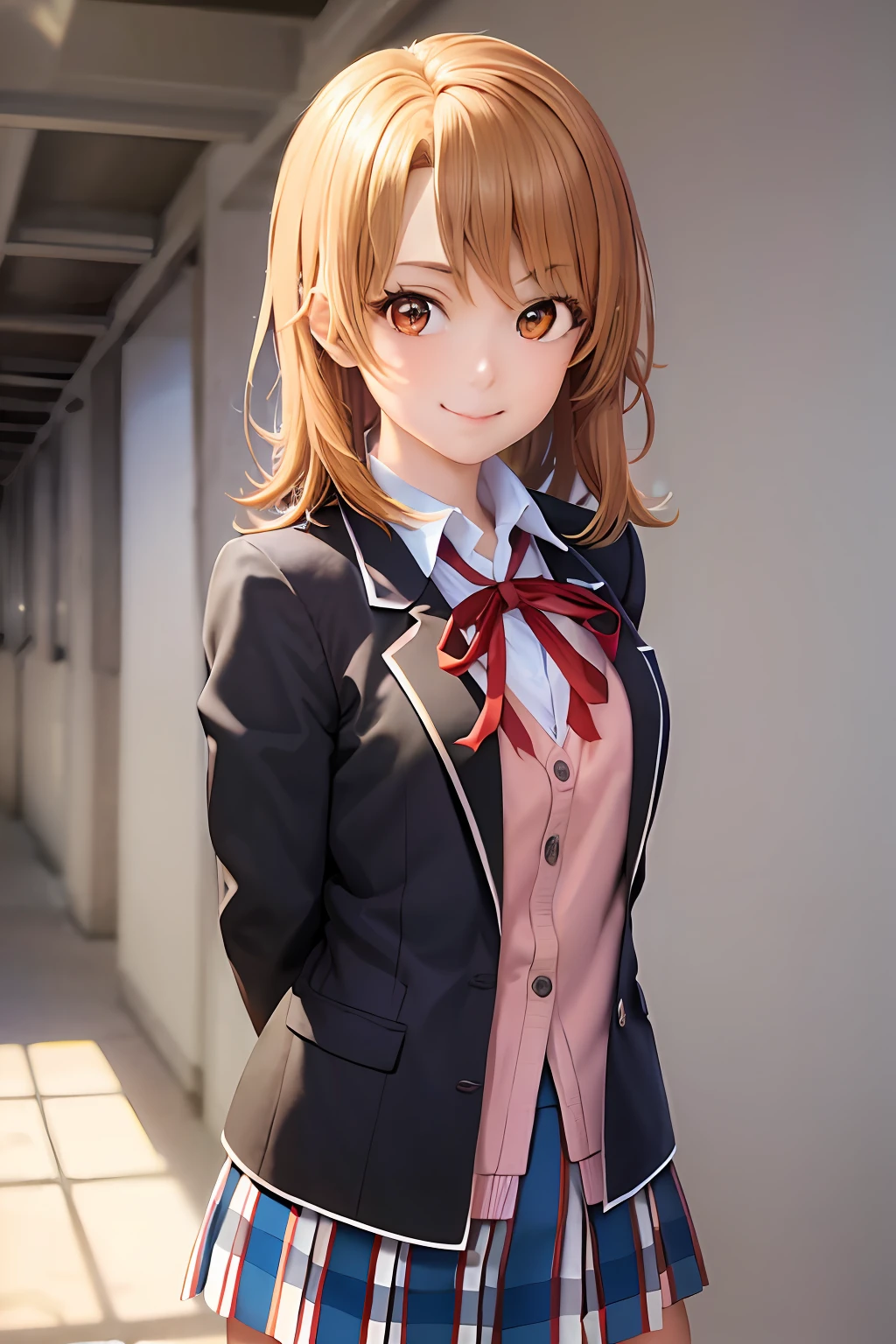 (masterpiece, best quality:1.2), cowboy shot, solo, 1girl, isshiki iroha, smile, closed mouth, looking at viewer, arms behind back, school uniform, blazer, long sleeves, cardigan, neck ribbon, plaid skirt, school hallway